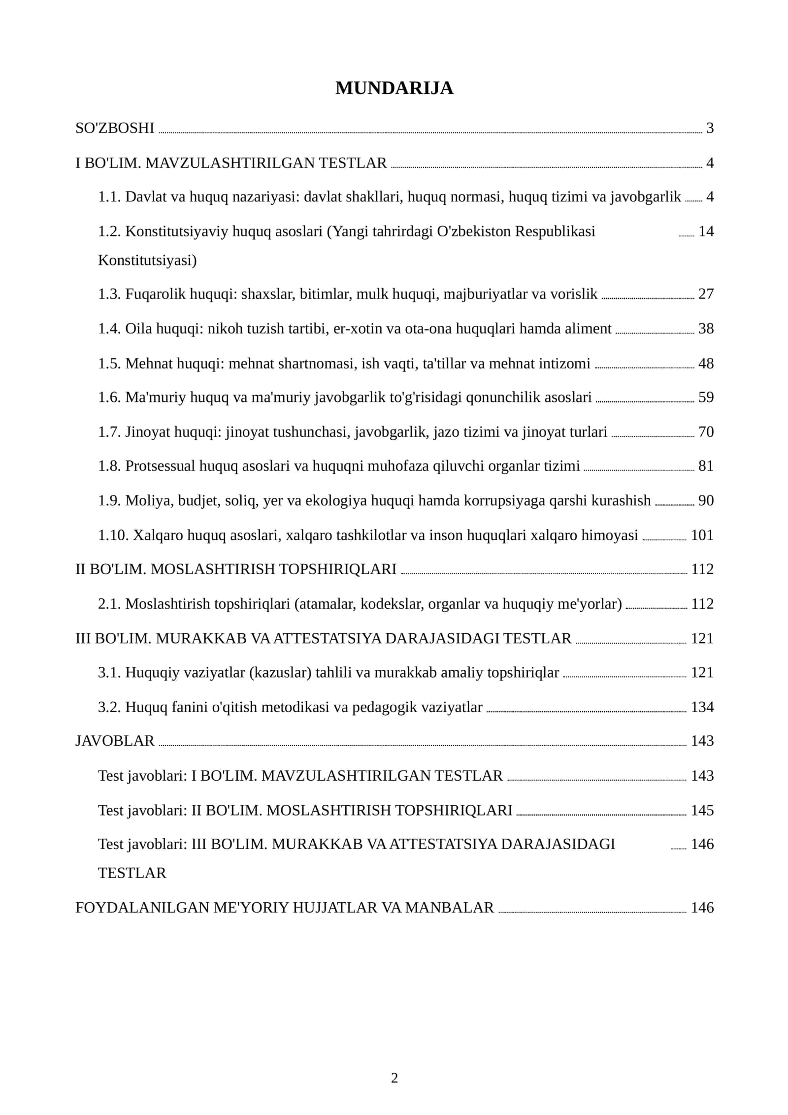 Davlat va huquq asoslari Milliy sertifikat va milliy attestatsiya testlari va javoblari. 2026. 2
