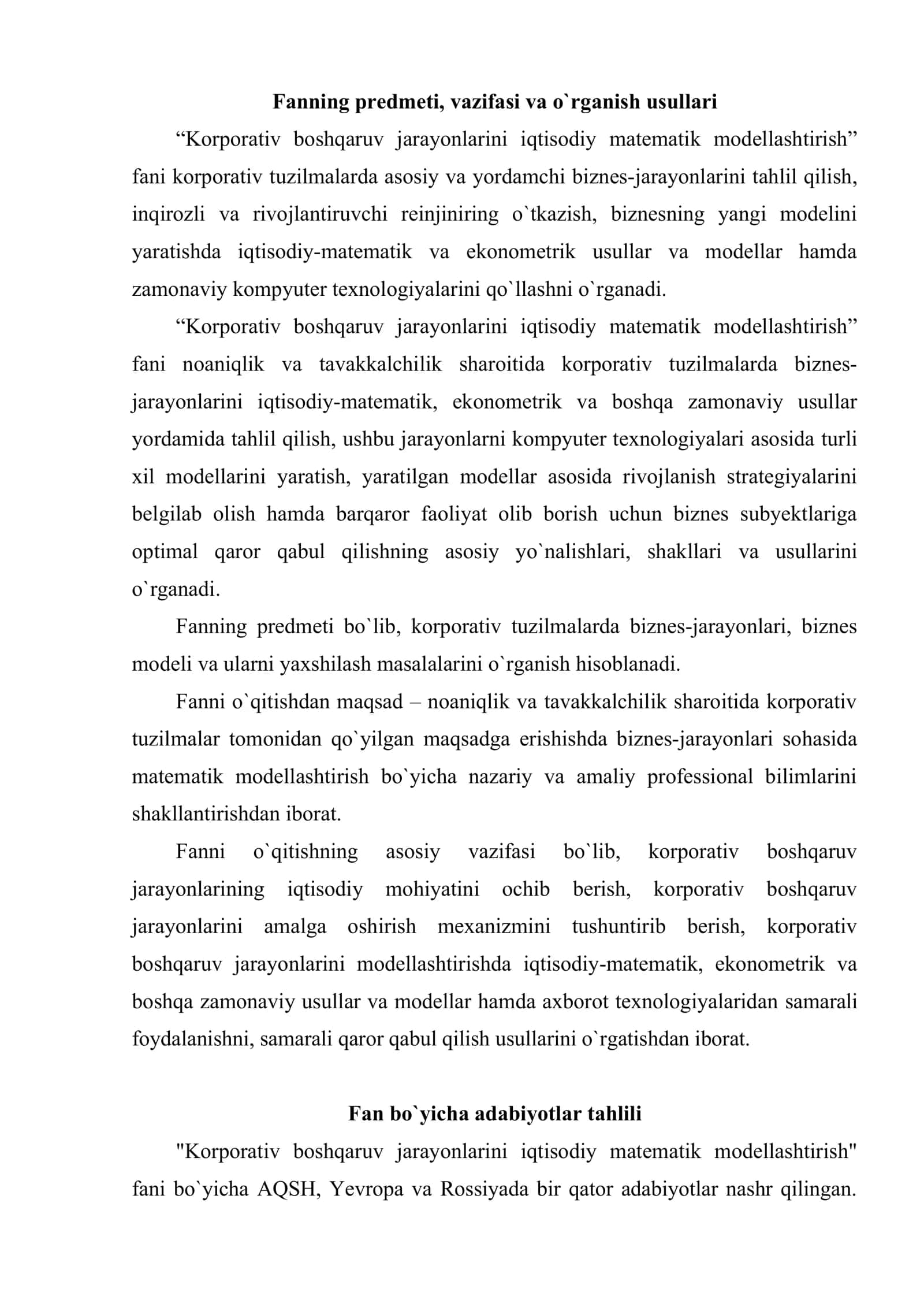 Korporativ boshqaruv jarayonlarini iqtisodiy matematik modellashtirish faniga kirish 2