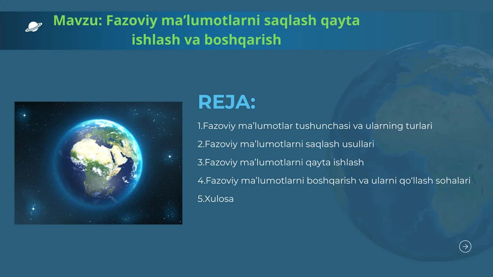 Fazoviy ma’lumotlarni saqlash qayta ishlash va boshqarish 2
