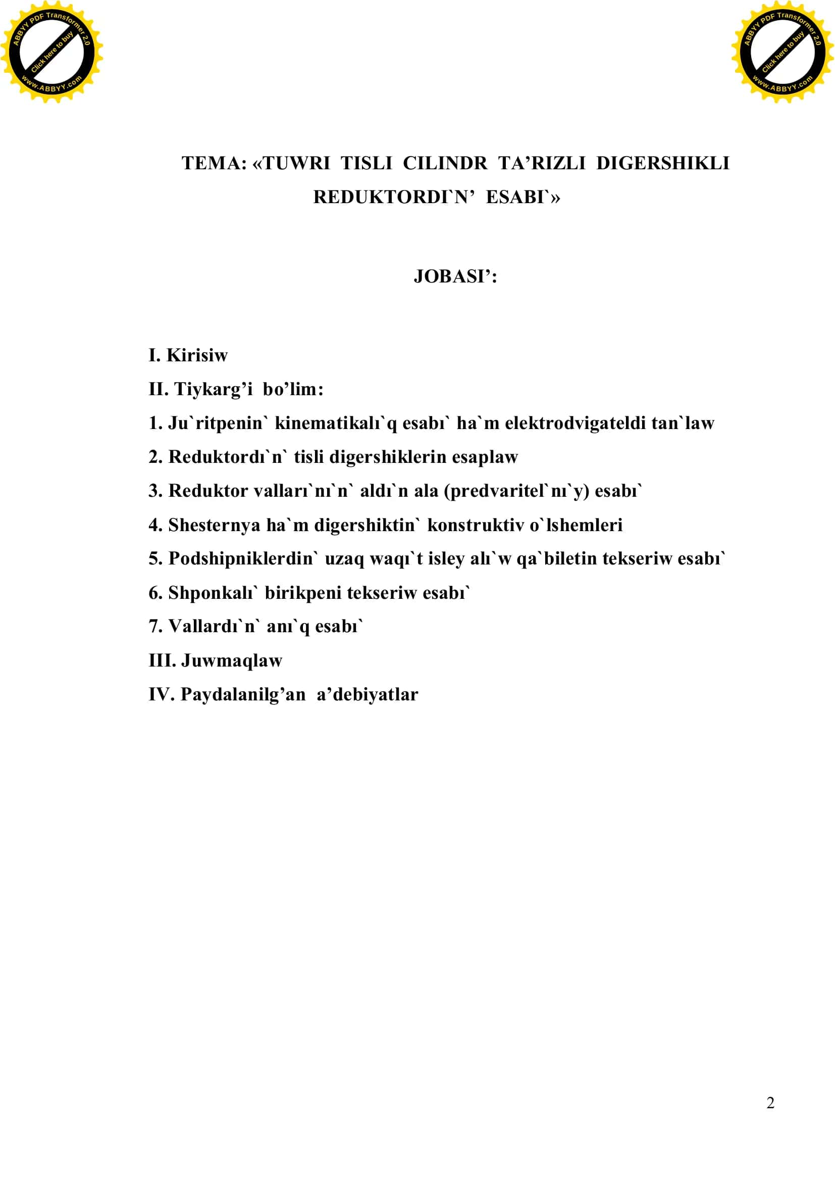 MASHINA-MEXANIZMLER TEORIYASI, MASHINA DETALLARI HA'M KO'TERIW-TU'SIRIW MASHINALARI 2