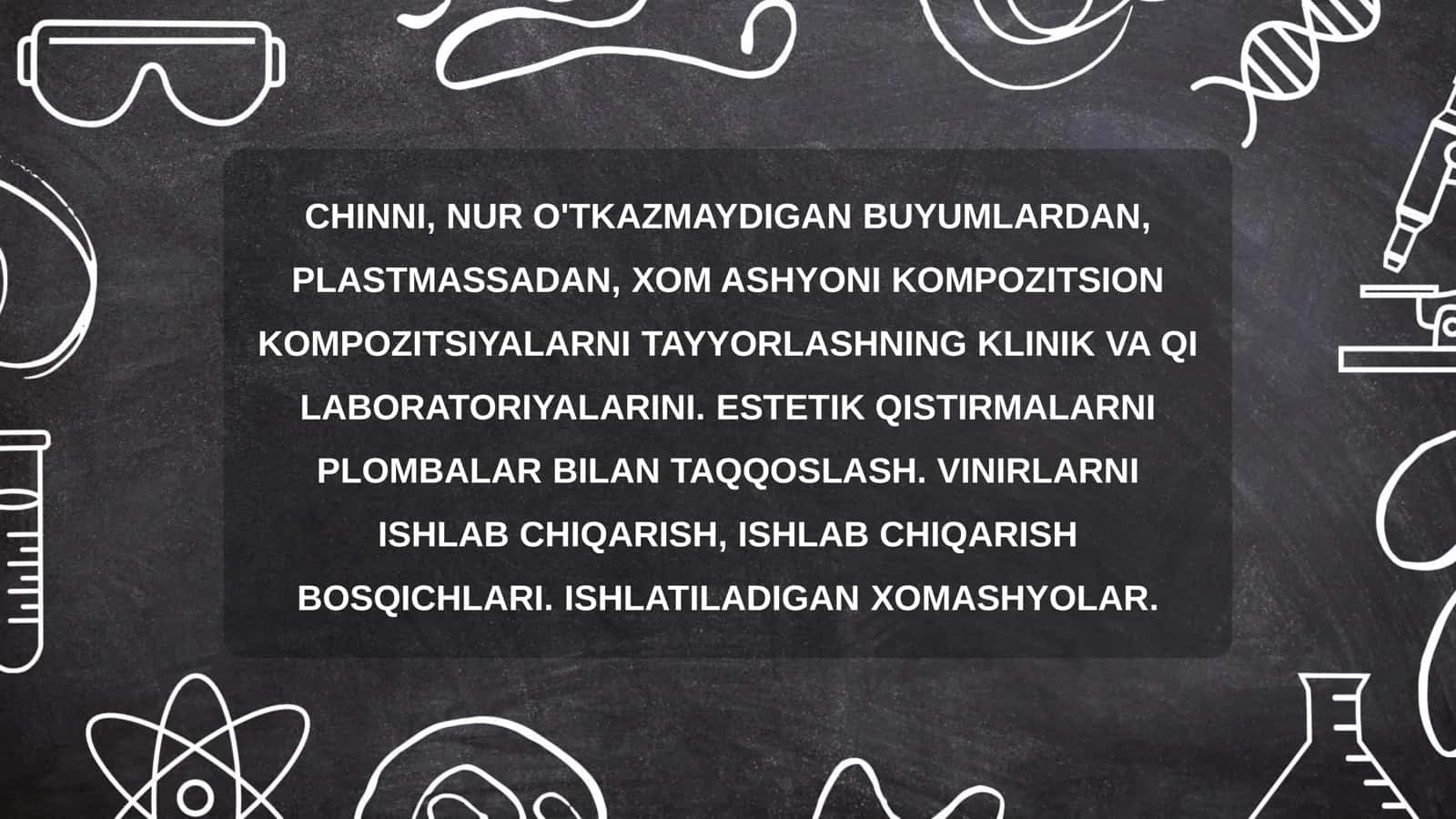CHINNI, NUR O'TKAZMAYDIGAN BUYUMLARDAN, PLASTMASSADAN, XOM ASHYONI KOMPOZITSION KOMPOZITSIYALARNI TAYYORLASHNING KLINIK VA QI LABORATORIYALARINI. ESTETIK QISTIRMALARNI PLOMBALAR BILAN TAQQOSLASH. VINIRLARNI ISHLAB CHIQARISH, ISHLAB CHIQARISH BOSQICHLARI. ISHLATILADIGAN XOMASHYOLAR. 2