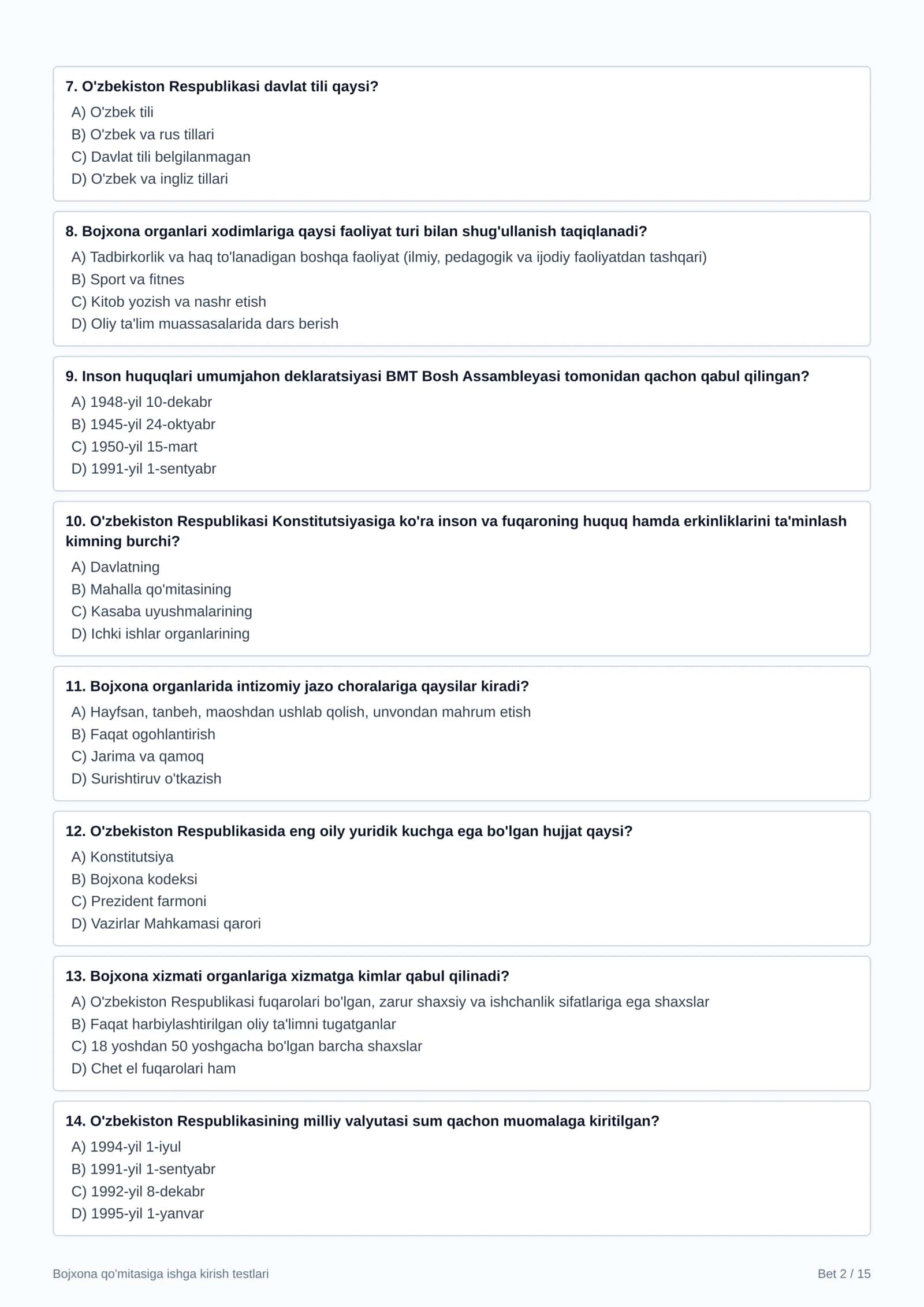 Bojxona xizmati organlariga kirish imtihonlari va suhbat uchun 100 ta test va javoblar 2
