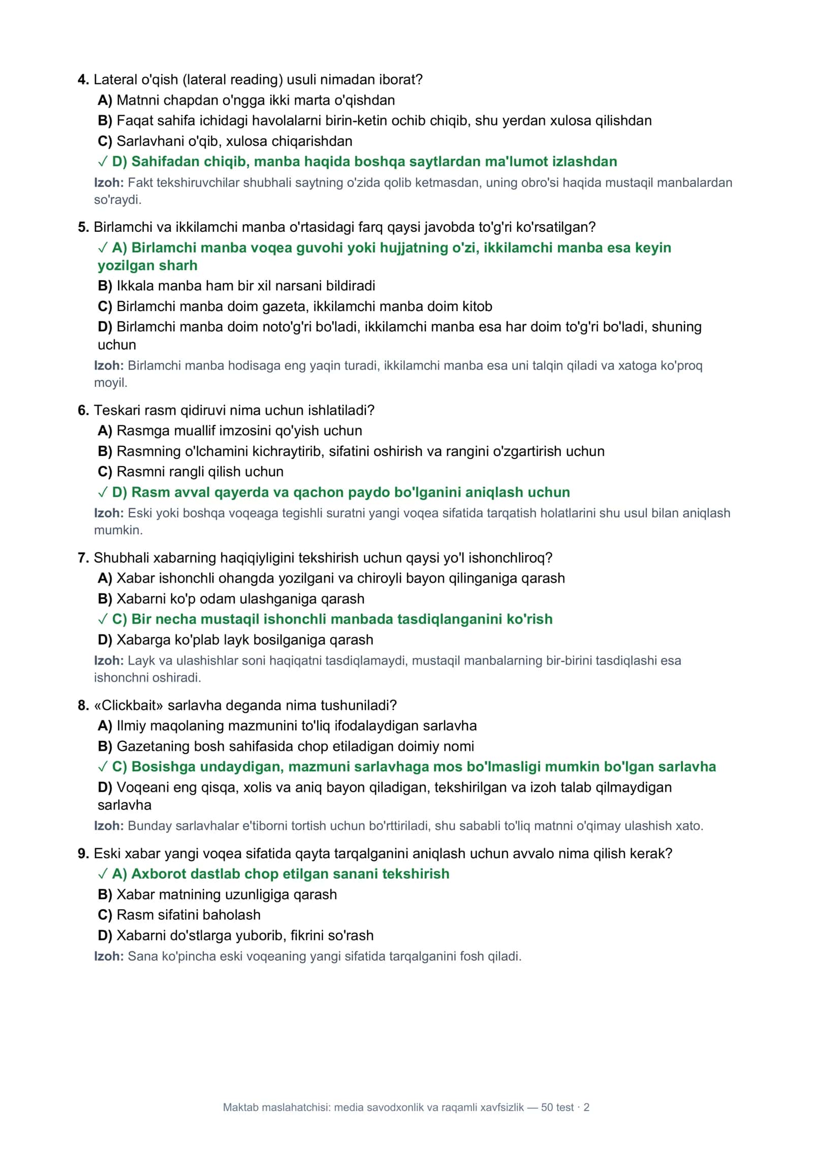 Maktab maslahatchisi: media savodxonlik va raqamli xavfsizlik — 50 test 2