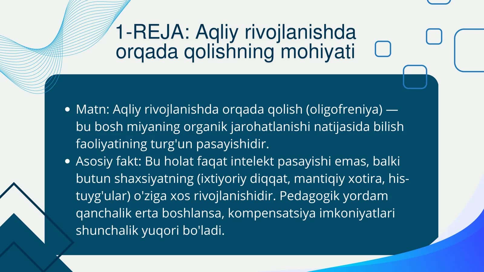 Asosiy matn Aqliy  rivojlanishda orqada qolgan bolalar bilan  ishlash  metodikasi 2