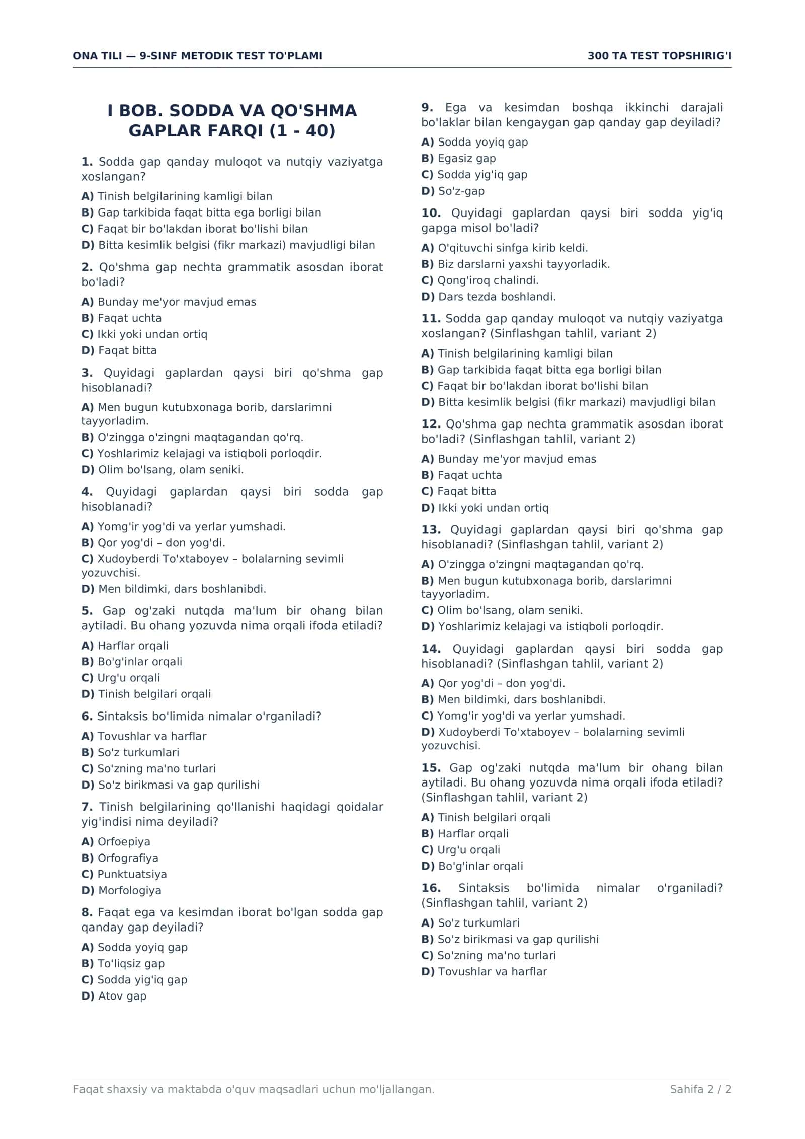 9-SINF ONA TILI | 300 TA MAVZULASHTIRILGAN TEST + JAVOBLAR PDF 2