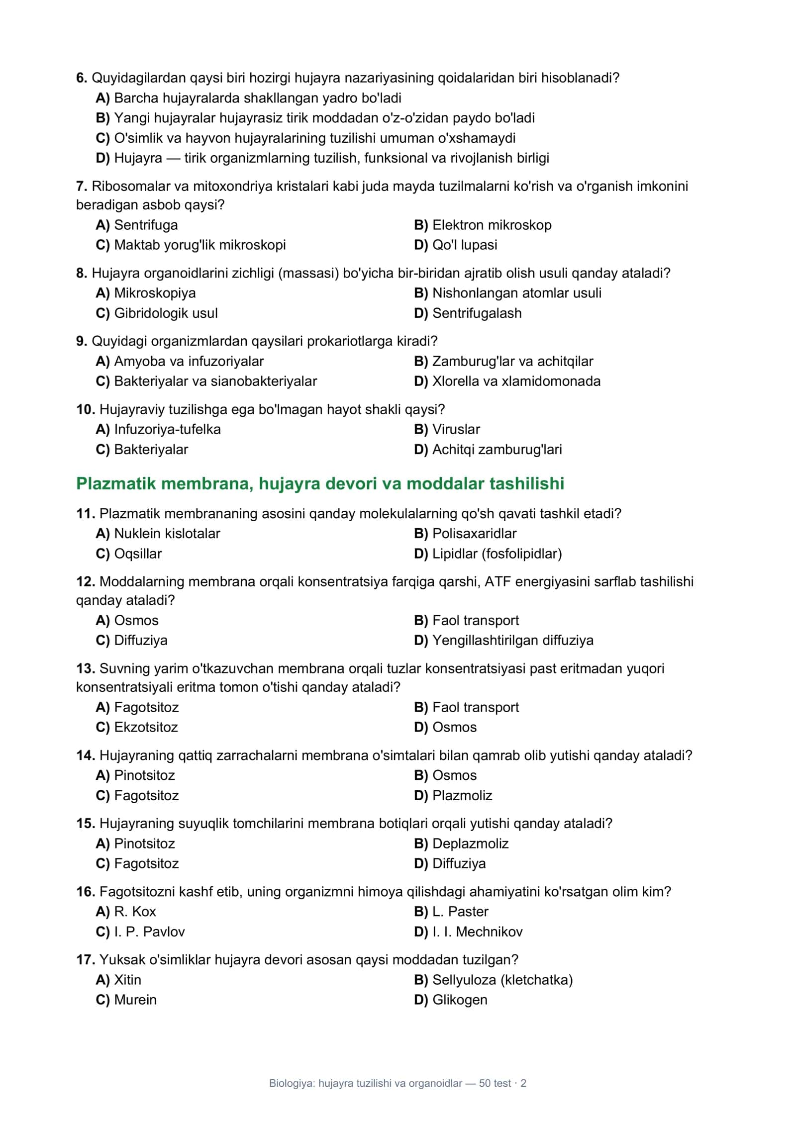 Biologiya: Hujayra tuzilishi va organoidlar — 50 test 2