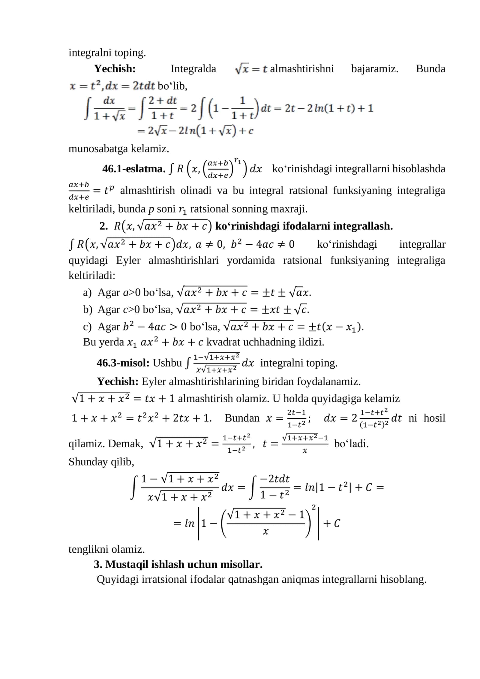 Ba’zi irratsional ifodalarni integrallash 2