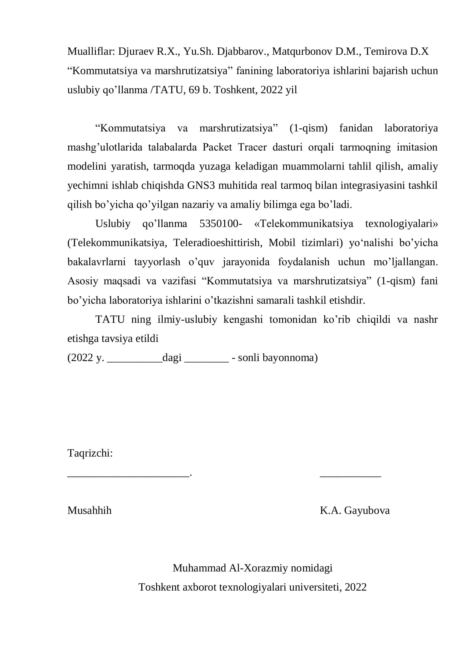 Kommutatsiya va marshrutizatsiya (1-qism) fanidan laboratoriya ishlarini bajarish uchun uslubiy qo‘llanma 2