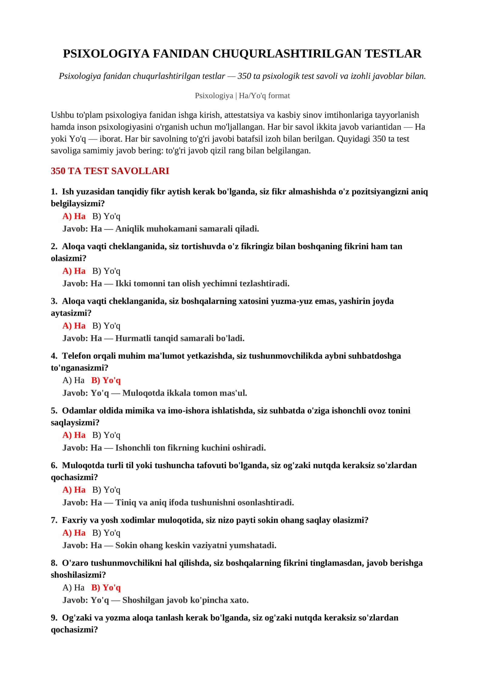 Psixologiya fanidan chuqurlashtirilgan testlar 2