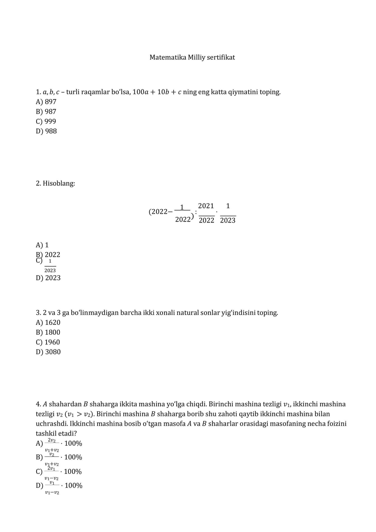 Matematika Milliy Sertifikat savollari (Tushish ehtimoli Bor) 2