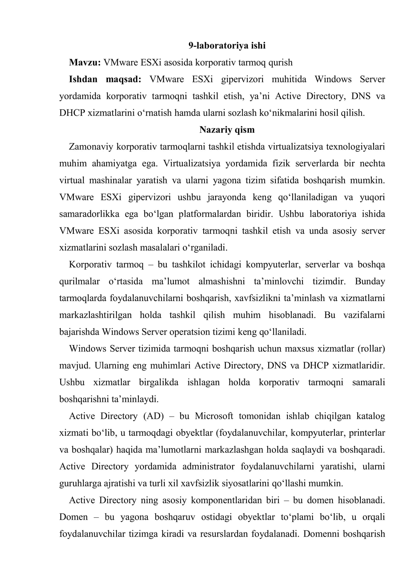VMware ESXi asosida korporativ tarmoq qurish 2