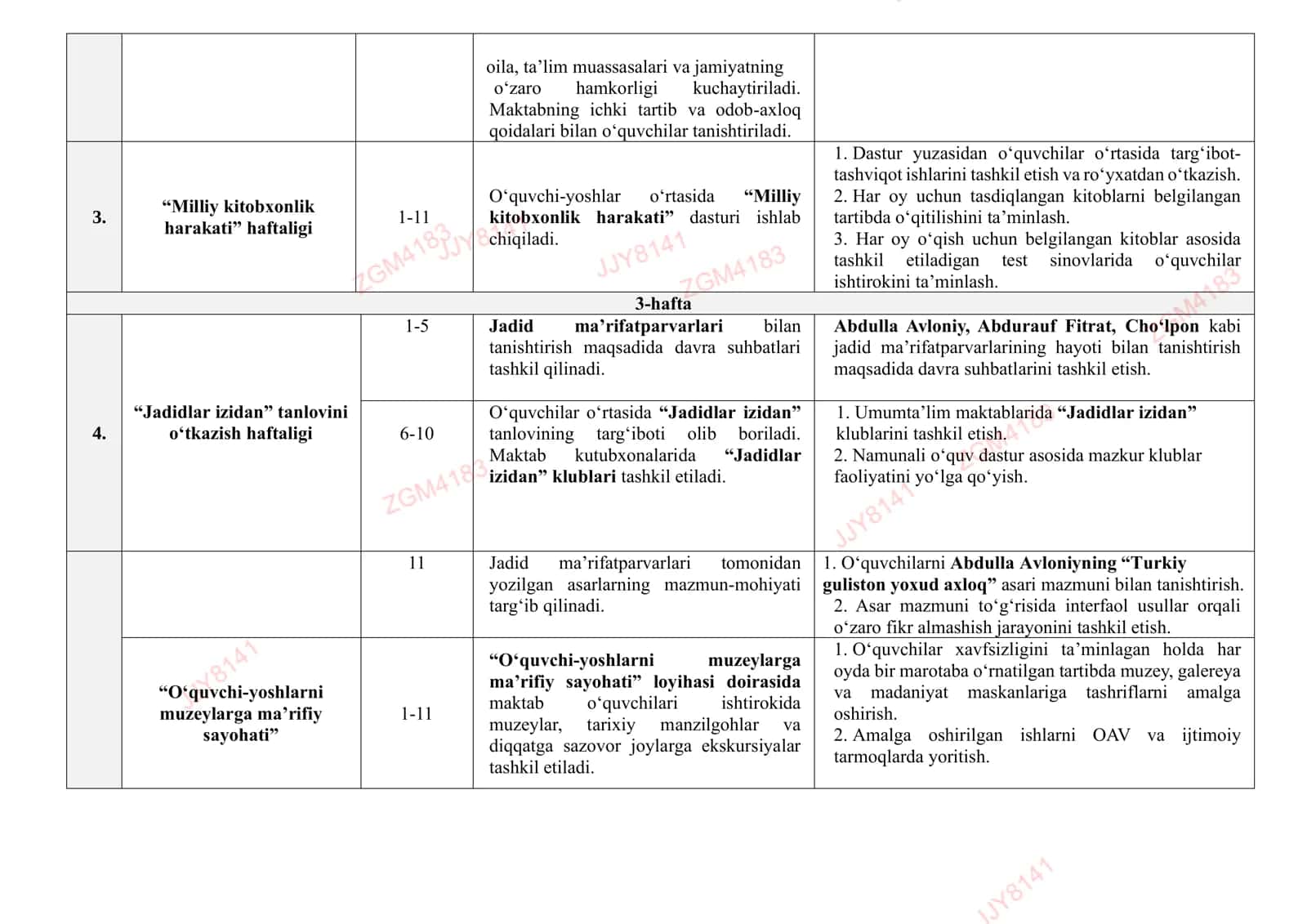 MA'NAVIY-MA'RIFIY TADBIRLAR ISH REJASI 2026-2027 O'QUV YILI UCHUN 2