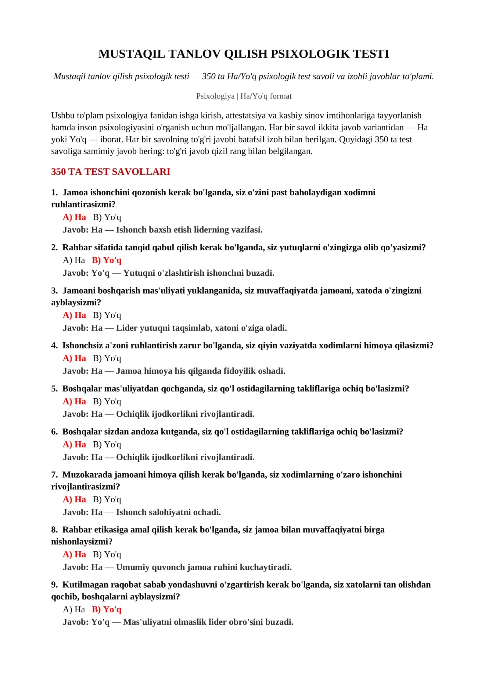 MUSTAQIL TANLOV QILISH PSIXOLOGIK TESTI 2