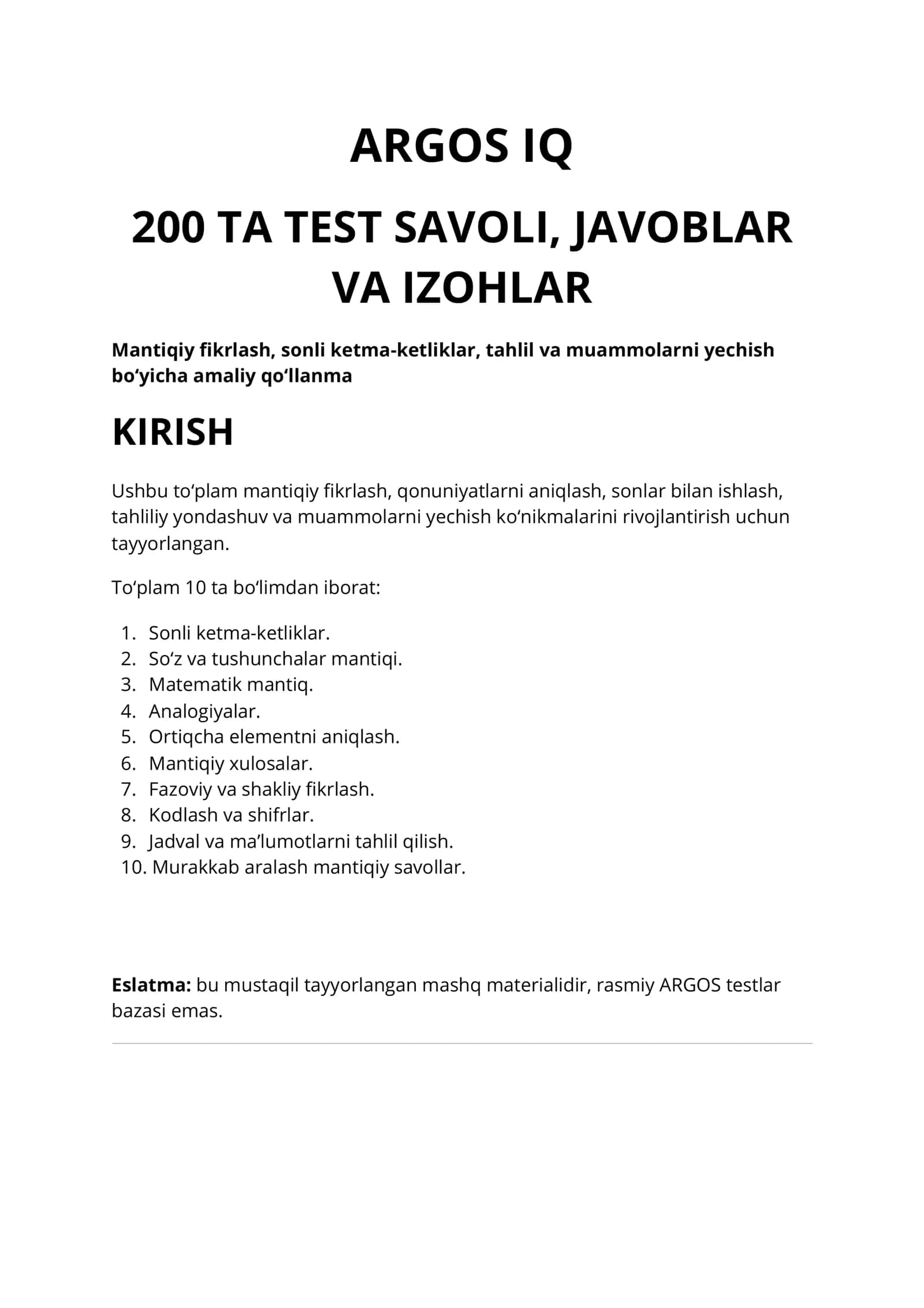 ARGOS IQ - 200 ta test, javoblar va izohlar 2