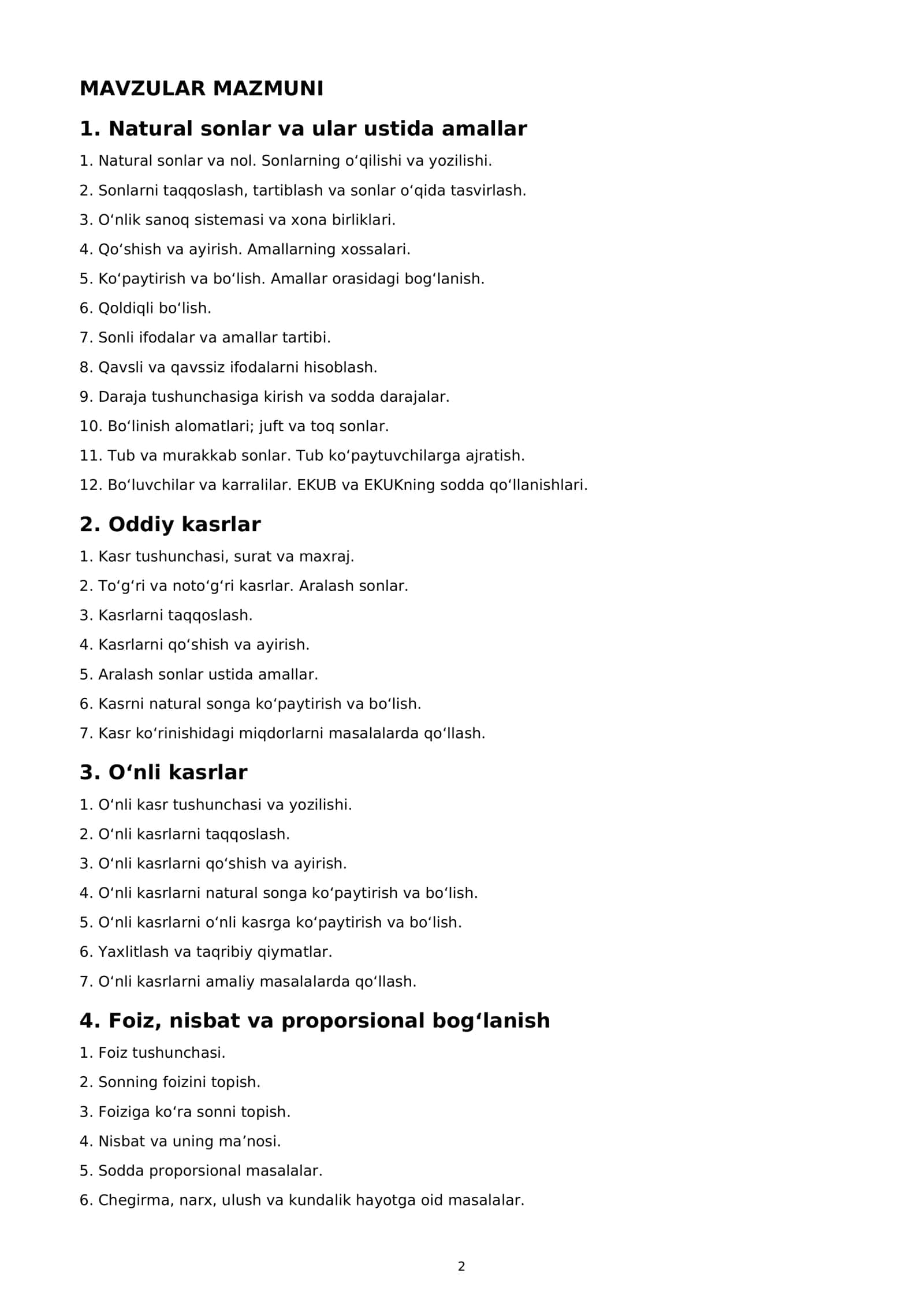 5-SINF MATEMATIKA FANIDAN O‘QUV DASTURI 2