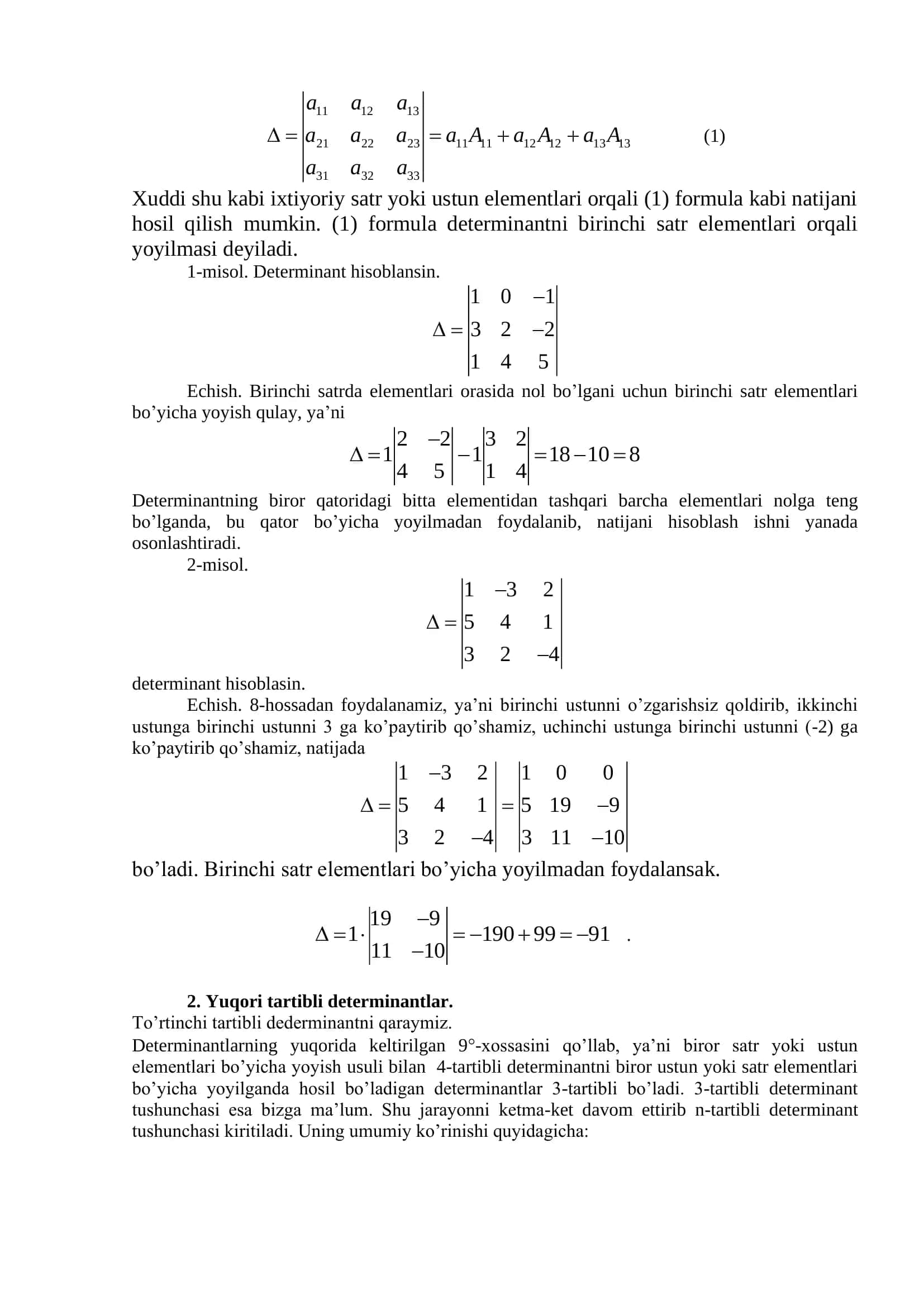 2-§. Yuqori tartibli determinantlar. Chiziqli tenglamalar sistemasini yechishning Kramer usuli 2
