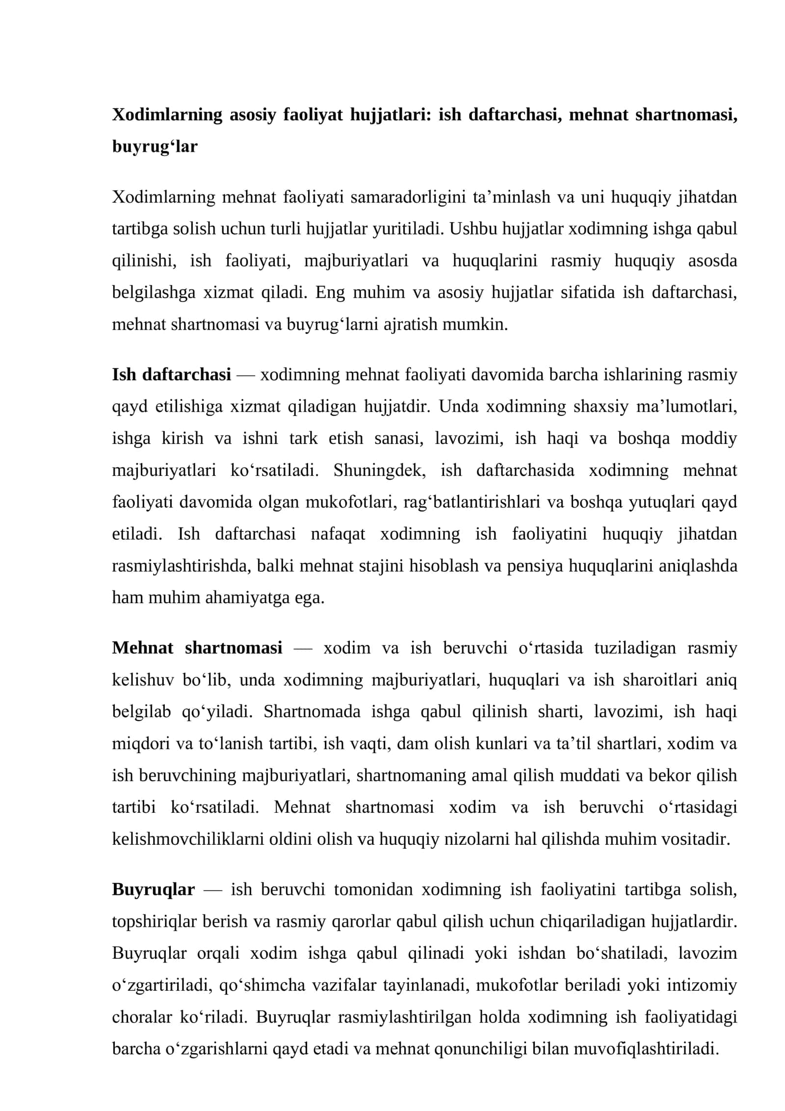 Xodimlarning asosiy faoliyat hujjatlari: ish daftarchasi, mehnat shartnomasi, buyrug‘lar 2