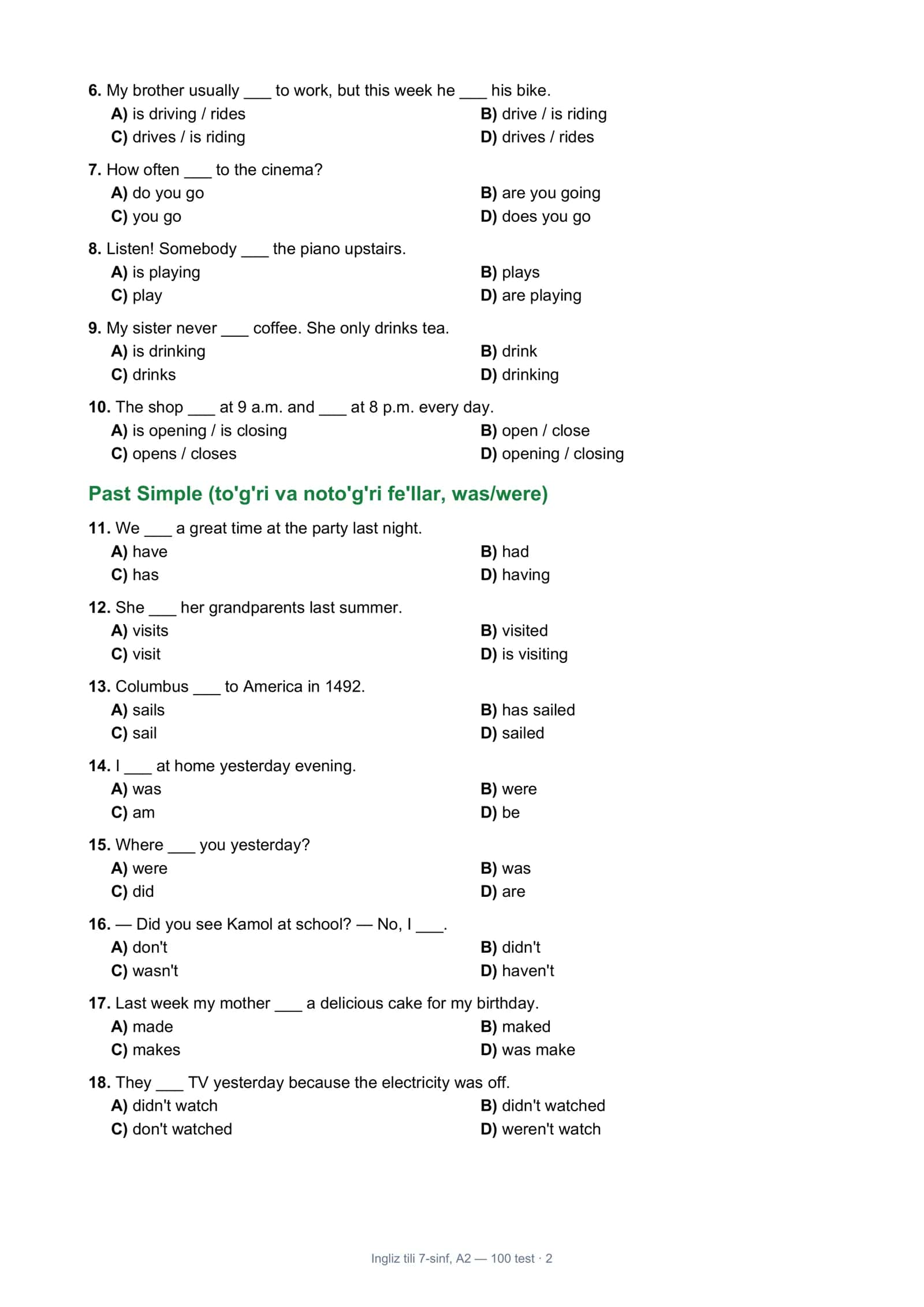 Ingliz tili 7-sinf, A2 — 100 test 2