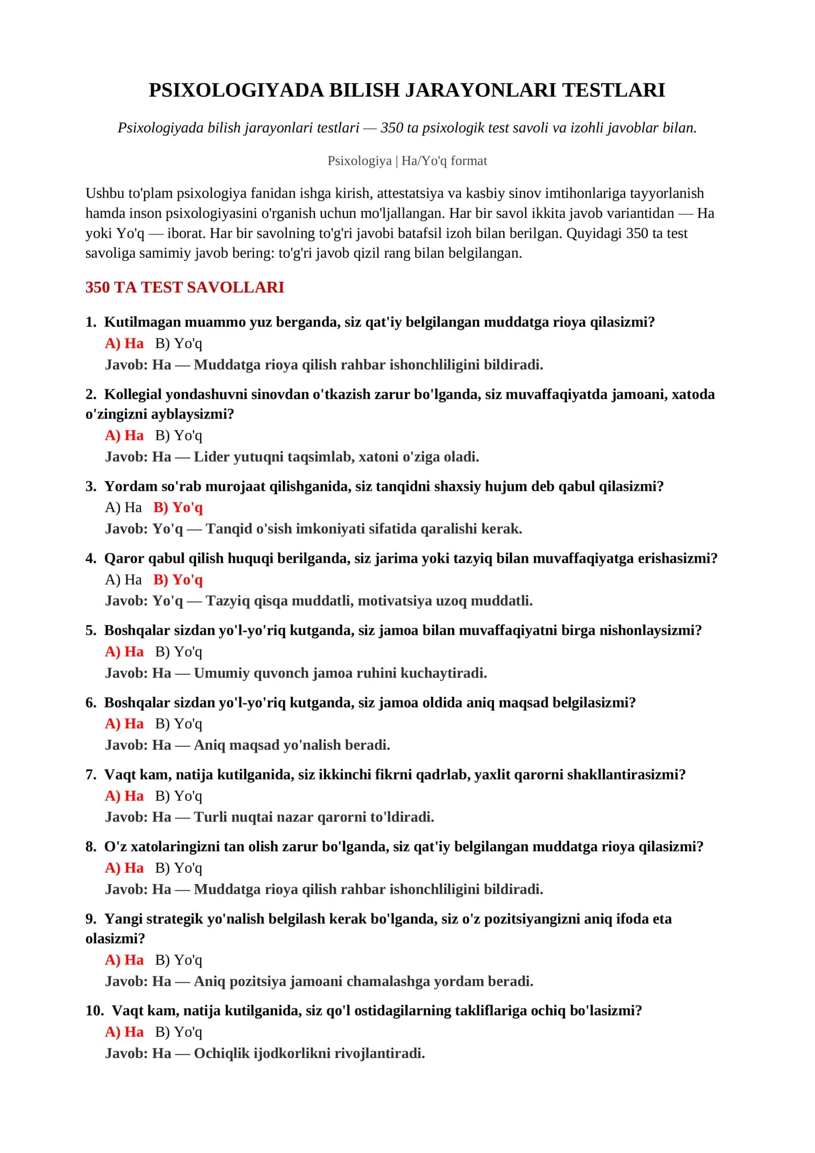 PSIXOLOGIYADA BILISH JARAYONLARI TESTLARI 2