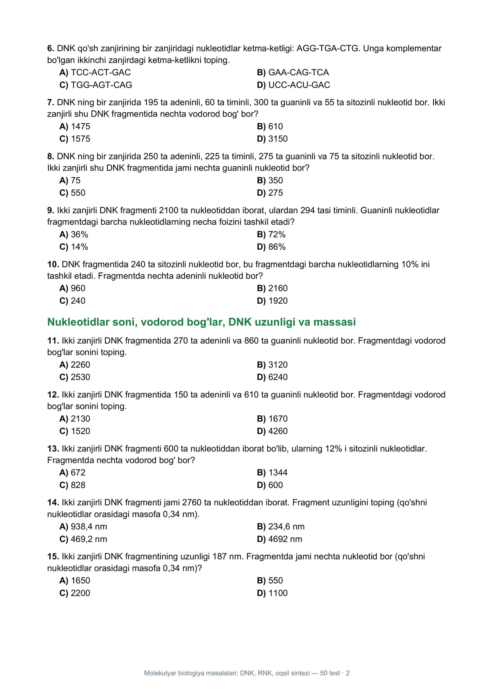 Biologiya: Molekulyar biologiya masalalari (DNK, RNK, kodon, oqsil sintezi) — 50 ta test 2