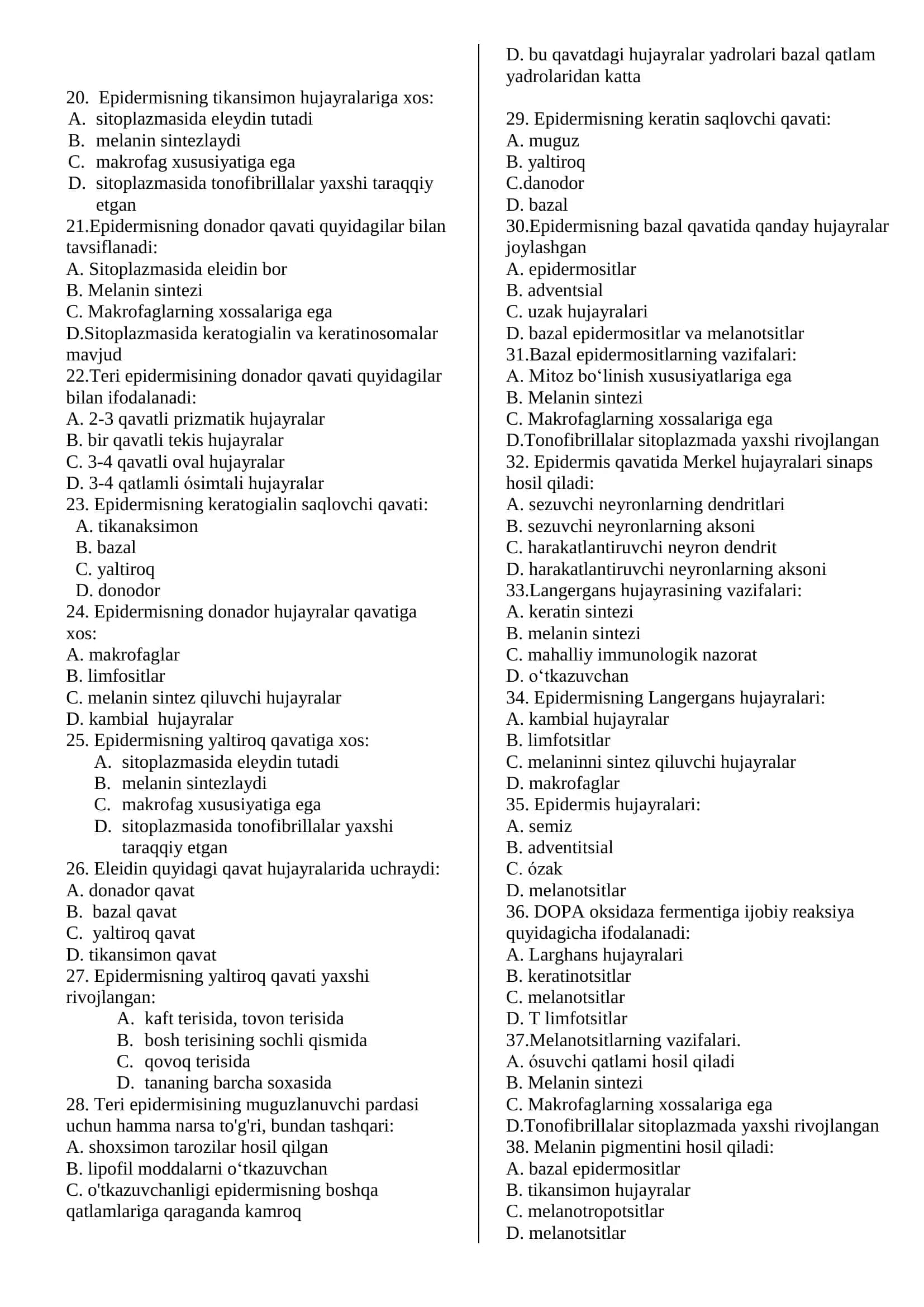 Gistologiya fanidan test toʻplami 2