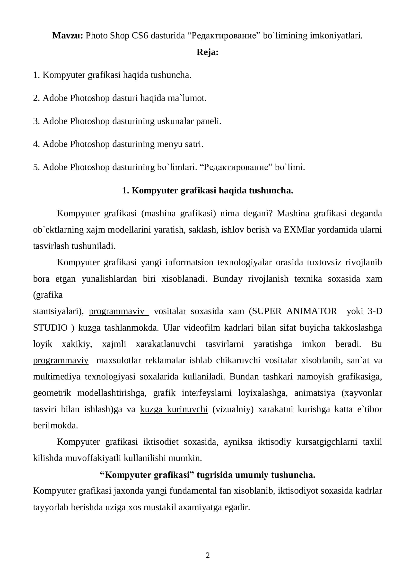 Photo Shop CS6 dasturida “Редaктировaние” bo`limining imkoniyatlari 2