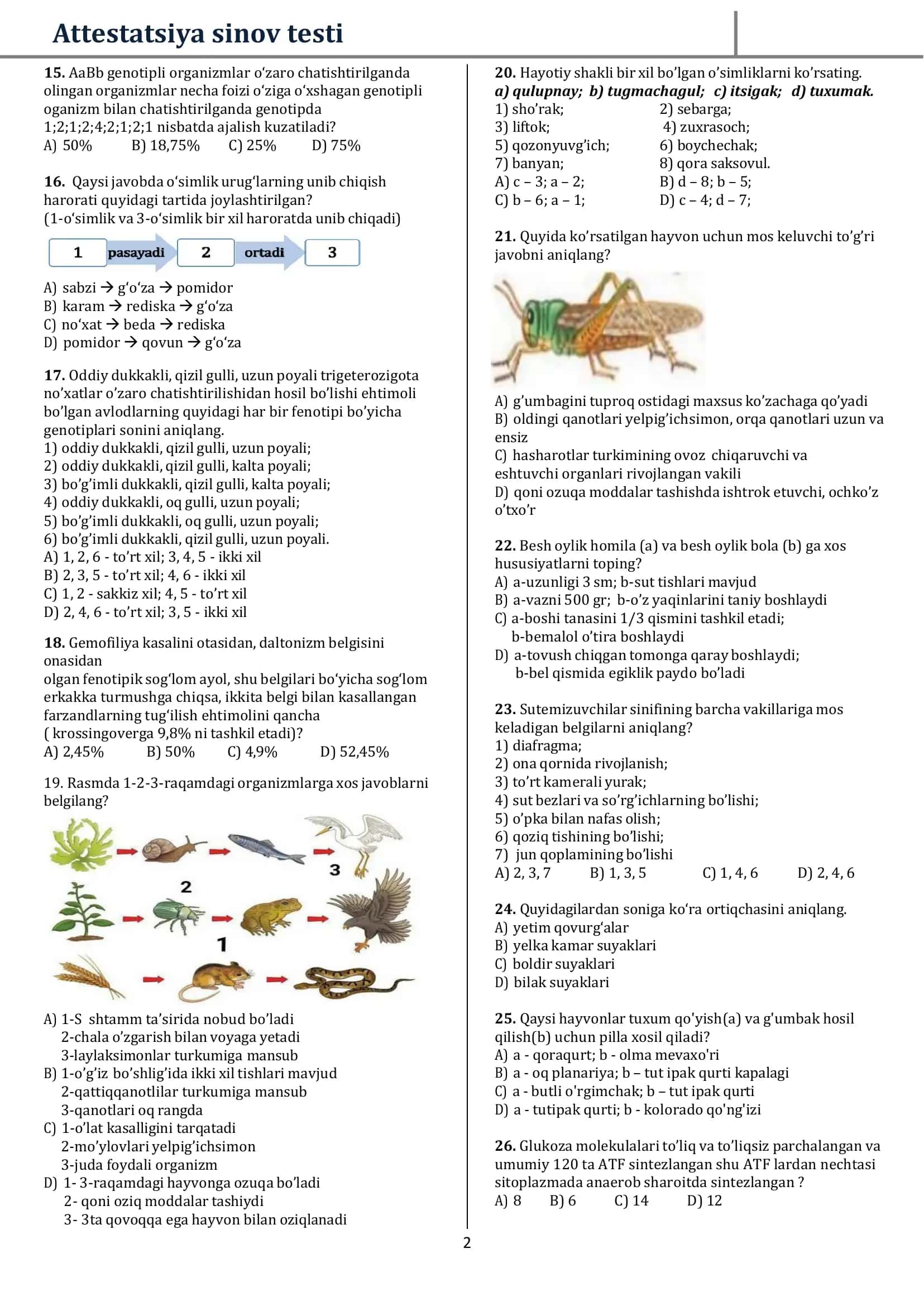 Biologia fanidan attestatsiya testlari maxsus tuzilgan 2