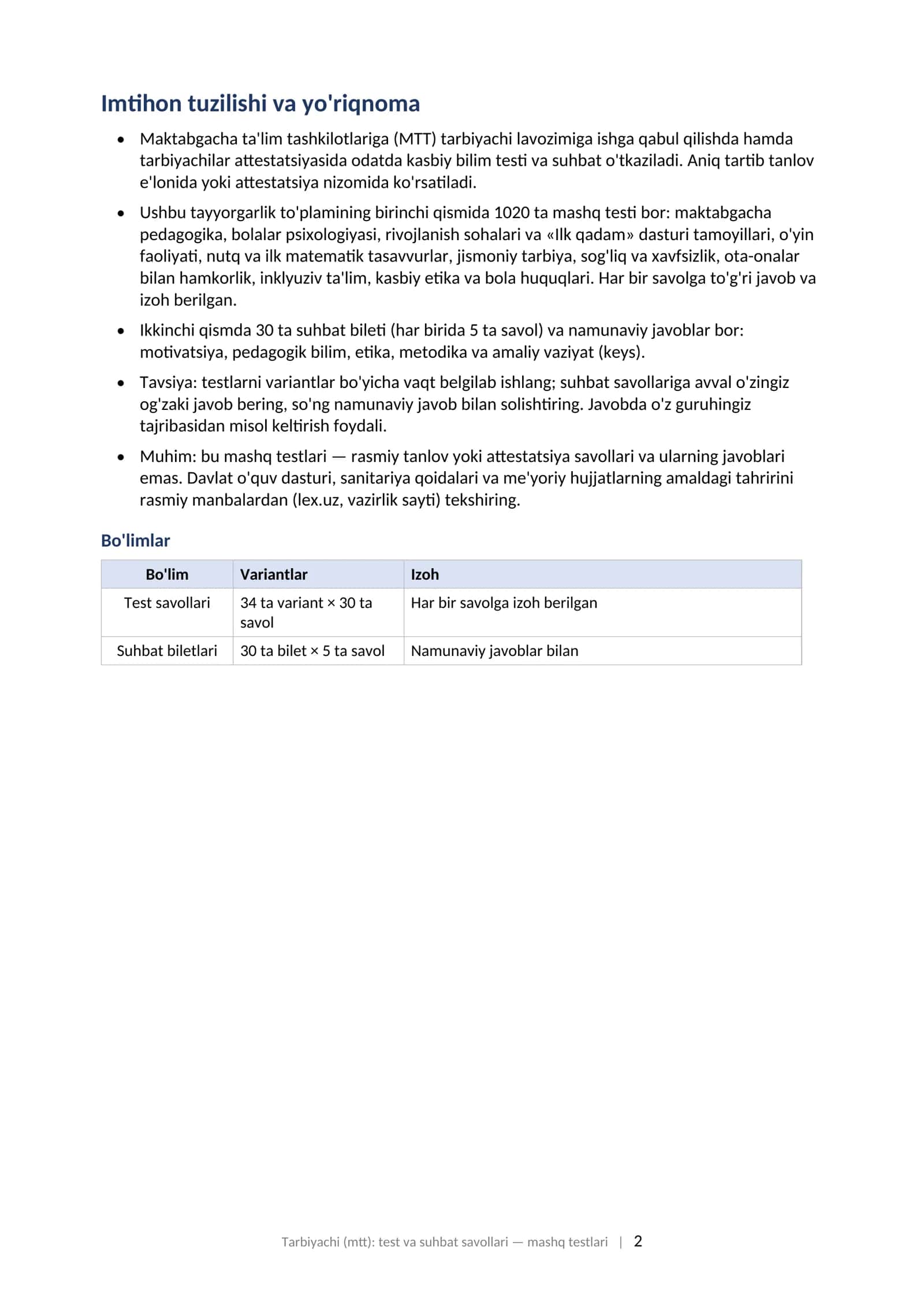 Tarbiyachi test savollari 2026 MTT attestatsiya 1000 mashq testlari javoblari bilan.  TARBIYACHI (MTT): TEST VA SUHBAT SAVOLLARI Maktabgacha ta'lim tashkiloti tarbiyachilari uchun tayyorgarlik to'plami: 1020 ta mashq testi (javoblari va izohlari bilan) + 30 ta suhbat bileti namunaviy javoblari bilan, 2026 2