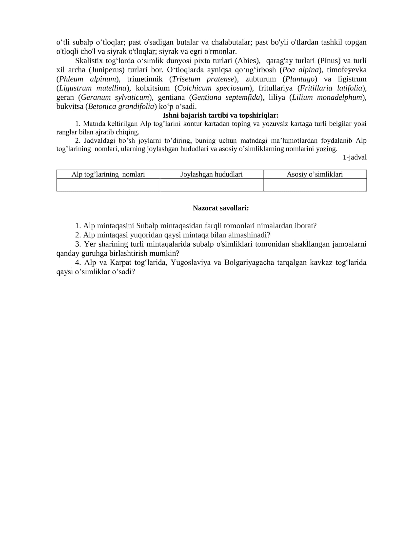 Tog’, Alp va Subalp Mintaqa O’simliklari Tarqalishini O’rganish 2