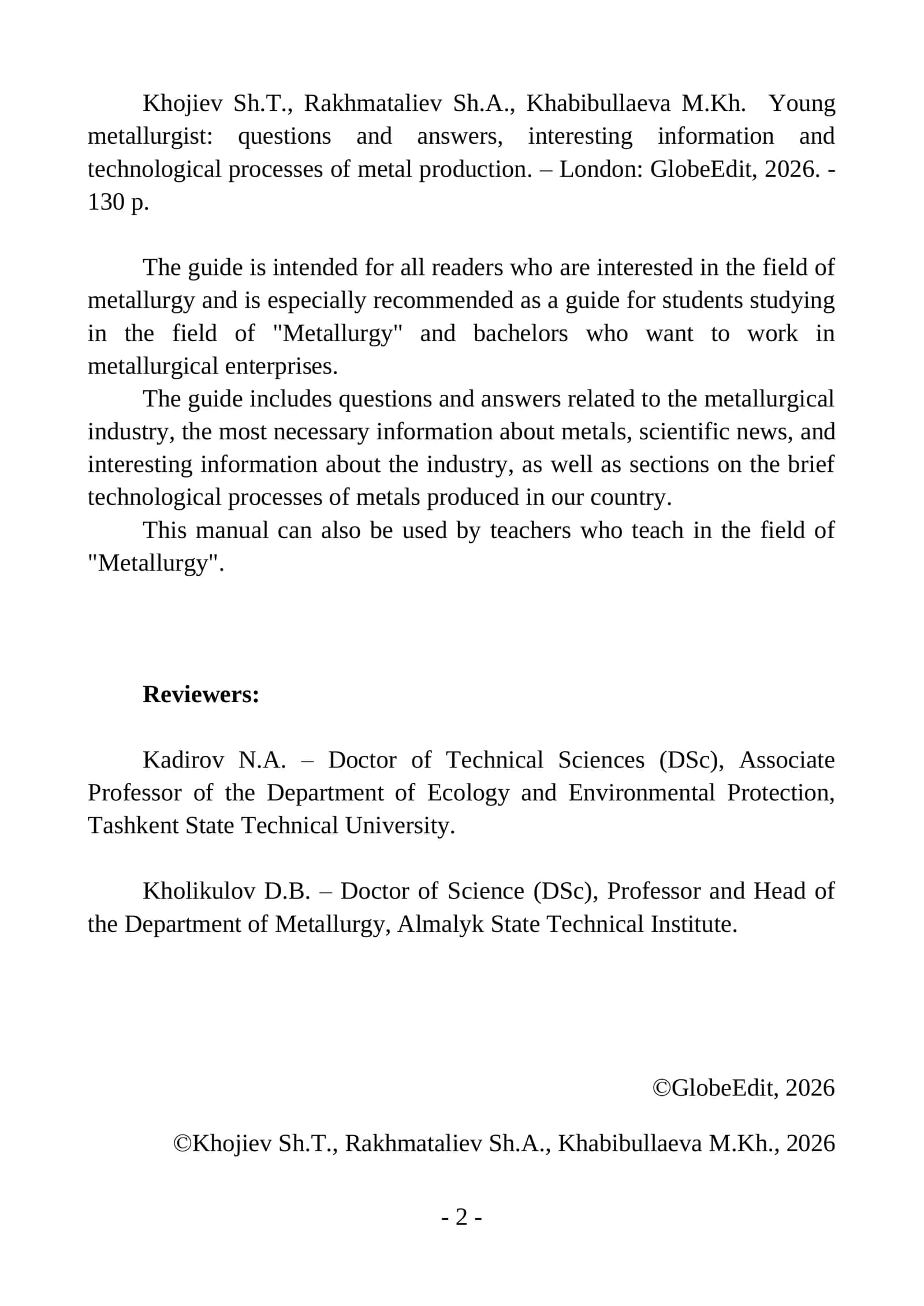 Young  metallurgist: questions and answers, interesting information and  technological processes of metal production 2