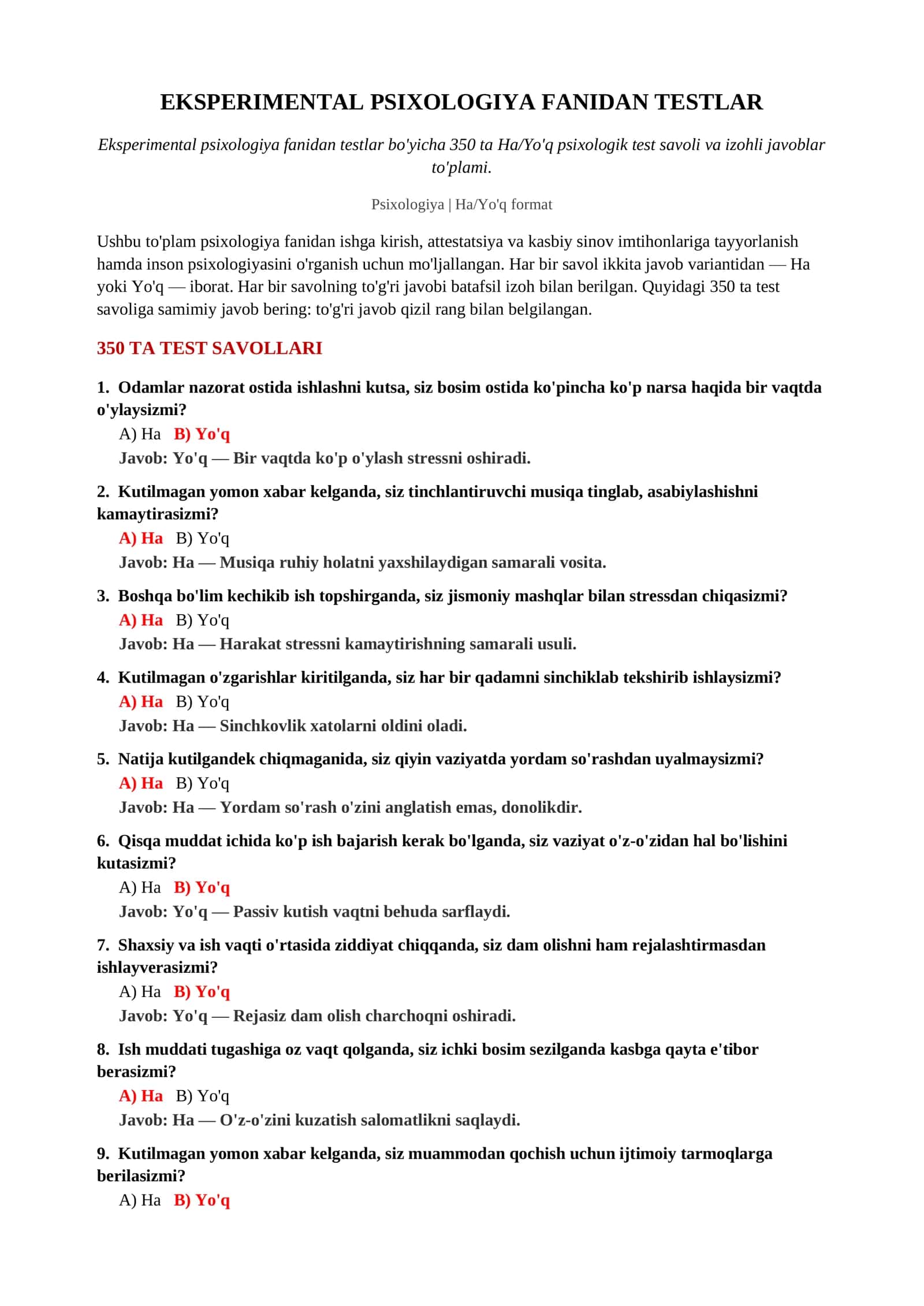 EKSPERIMENTAL PSIXOLOGIYA FANIDAN TESTLAR 2