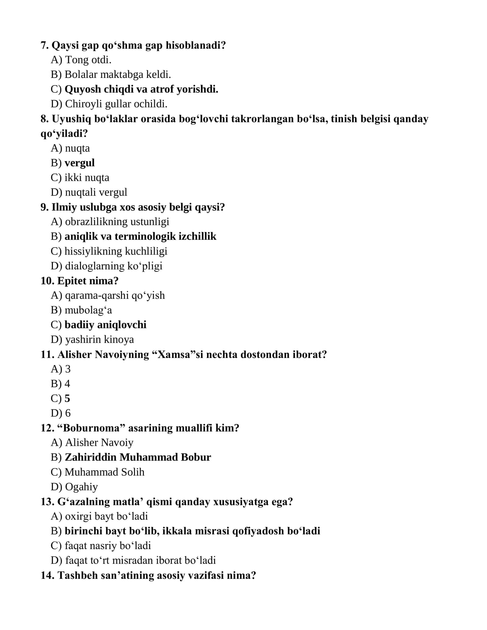 Ona tili va adabiyot fanidan 9-sinflar uchun fanlar Olimpiadasiga tayyorgarlk bo'yicha 100 talik testlar banki (Javoblari bilan) 2