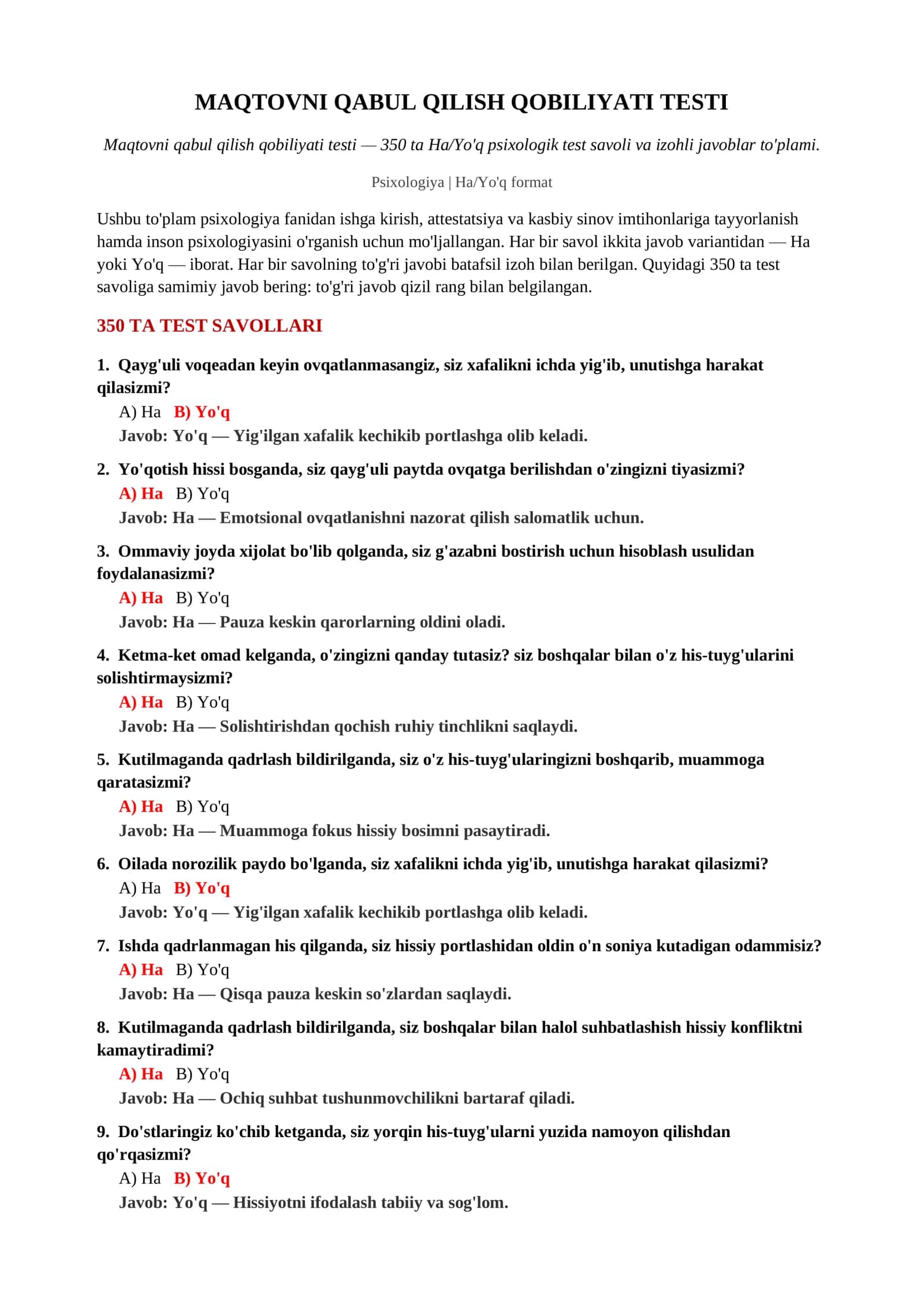 MAQTOVNI QABUL QILISH QOBILIYATI TESTI 2