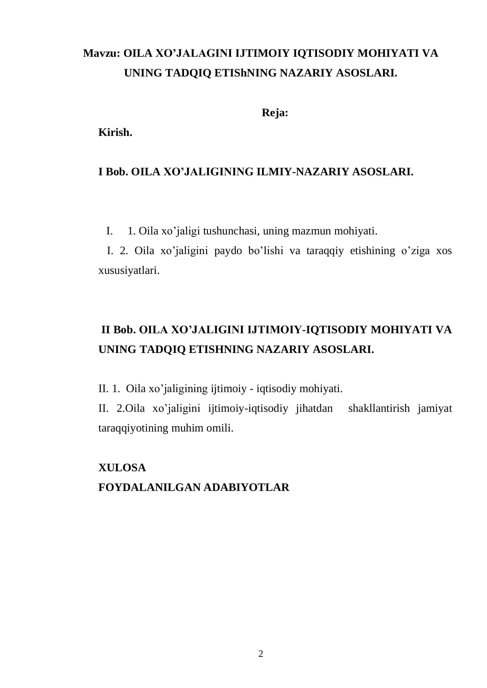 OILA XO’JALAGINI IJTIMOIY IQTISODIY MOHIYATI VA UNING TADQIQ ETIShNING NAZARIY ASOSLARI 2