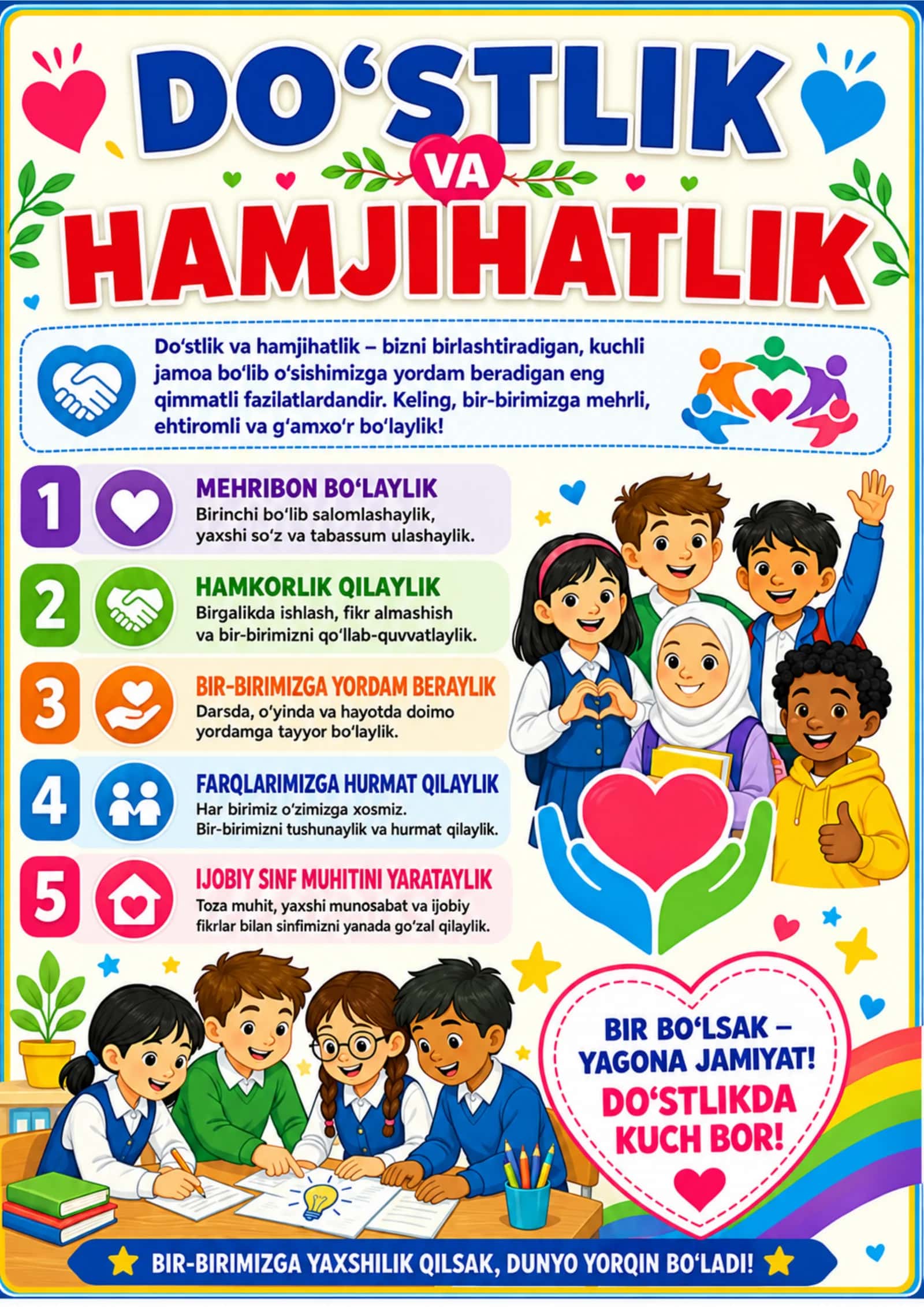 Sinf xonasi uchun 10 ta rangli tarbiyaviy plakat — PDF to‘plam 2