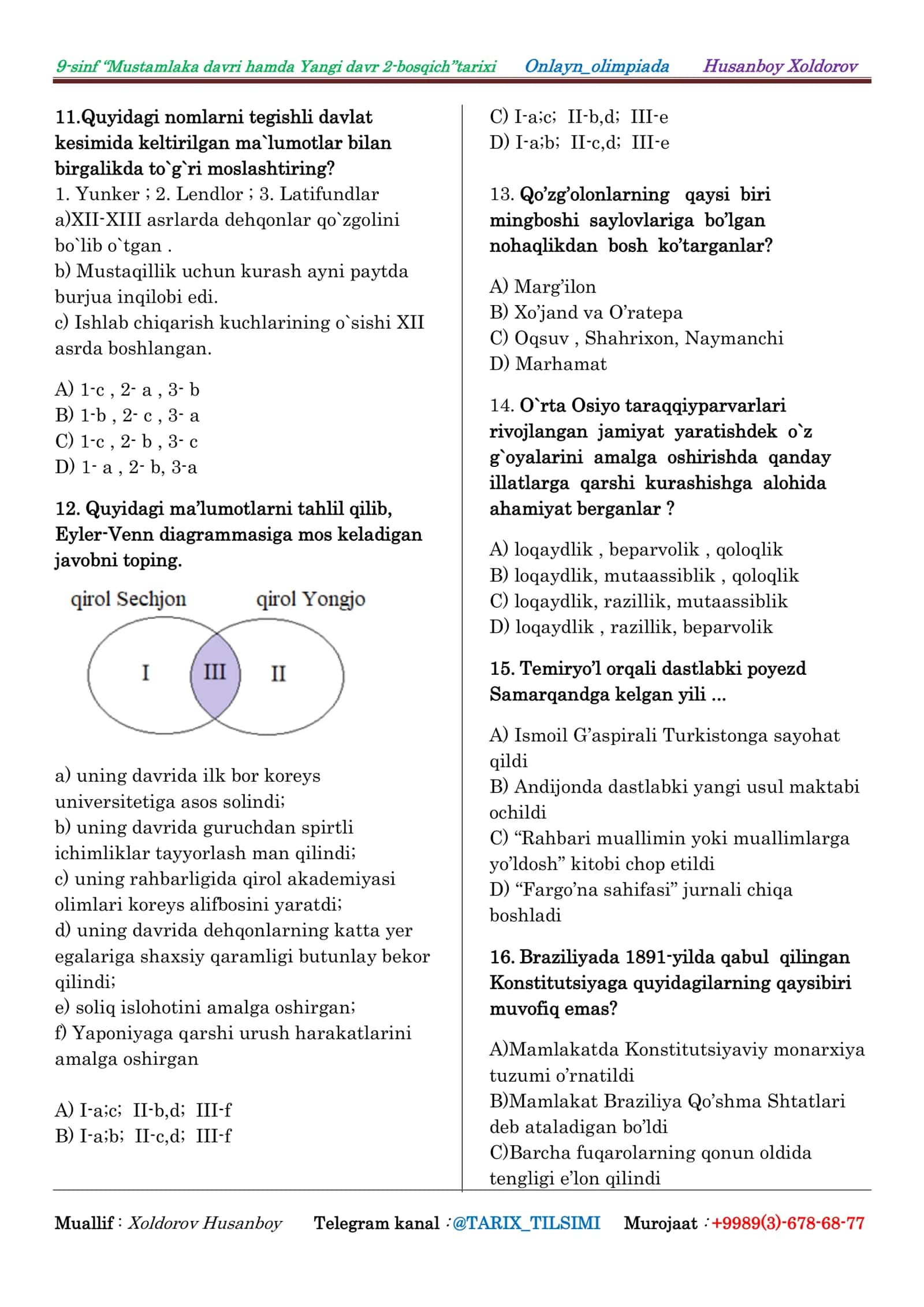 9-sinf “Mustamlaka davri hamda Yangi davr 2-bosqich”tarixi Onlayn_olimpiada Husanboy Xoldorov 2