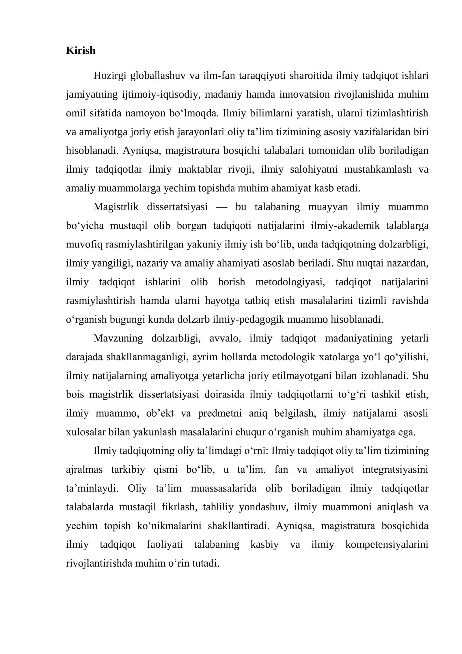 ILMIY TADQIQOT ISHLARINI OLIB BORISH, UNING NATIJALARINI RASMIYLASHTIRISH VA HAYOTGA TATBIQ ETISH. (MAGISTRLIK DISSERTATSIYASI MISOLIDA) 2