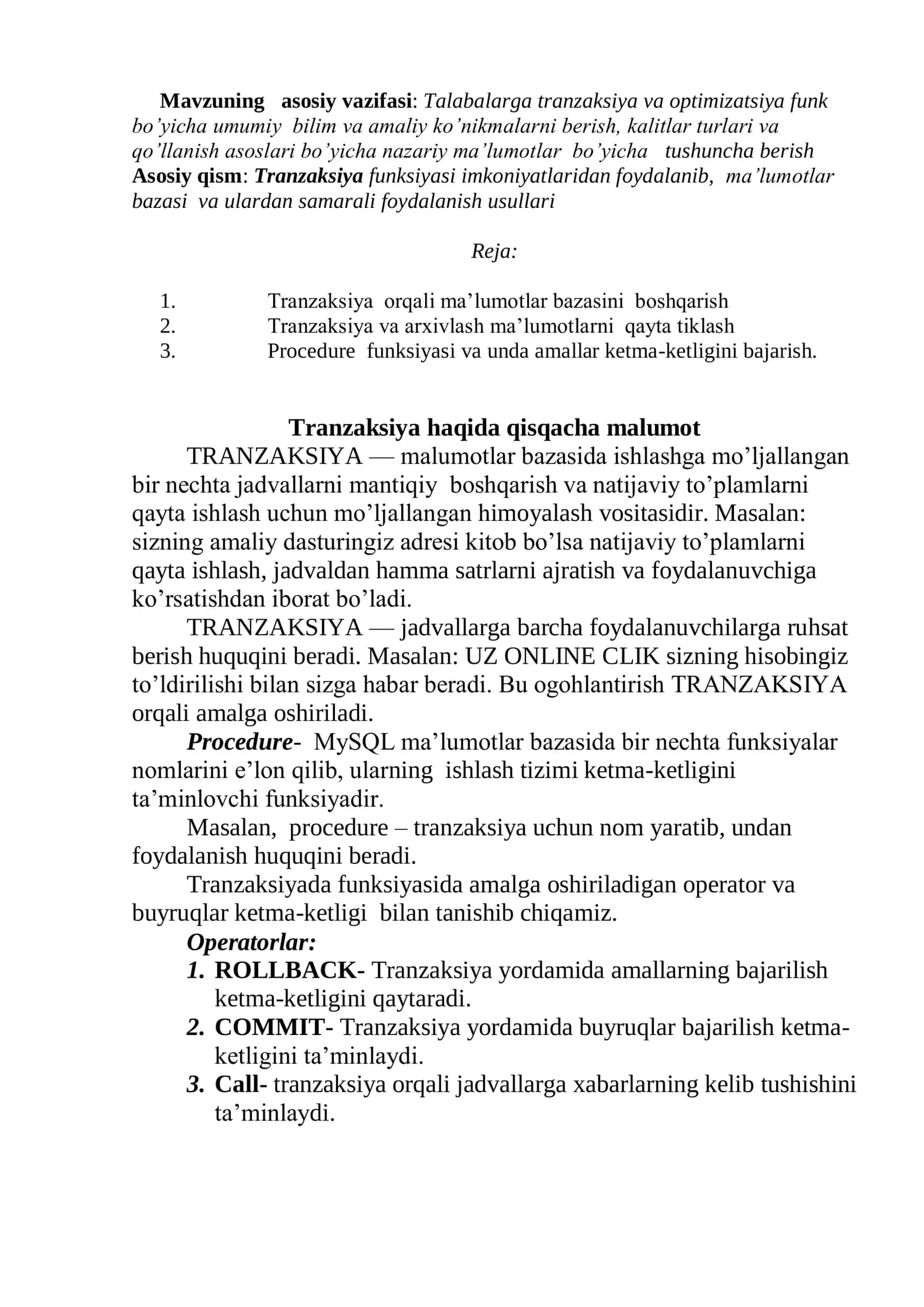 MySQL Tranzaksiyalar. Arhivlash va qayta tiklash 2