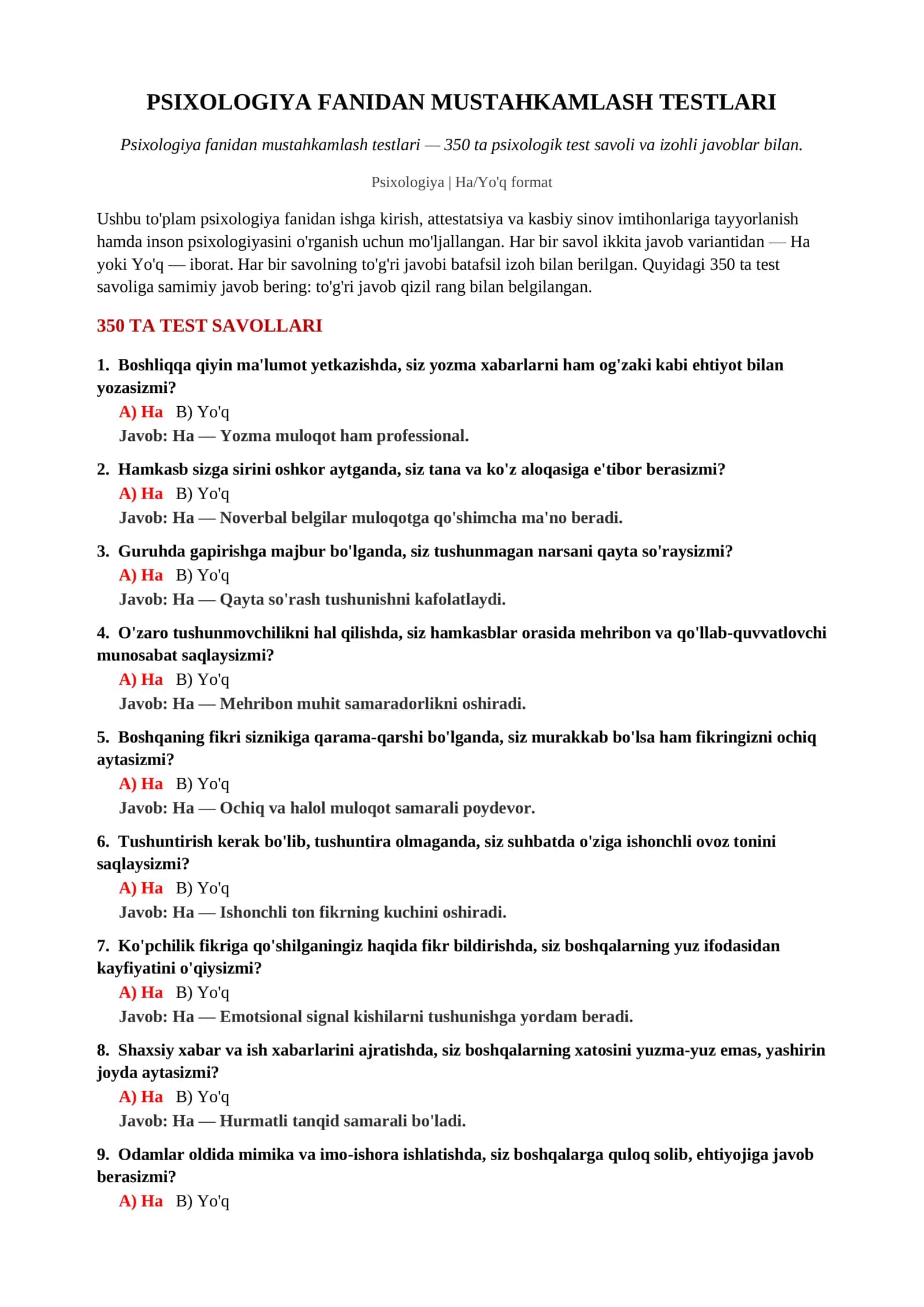 PSIXOLOGIYA FANIDAN MUSTAHKAMLASH TESTLARI 2