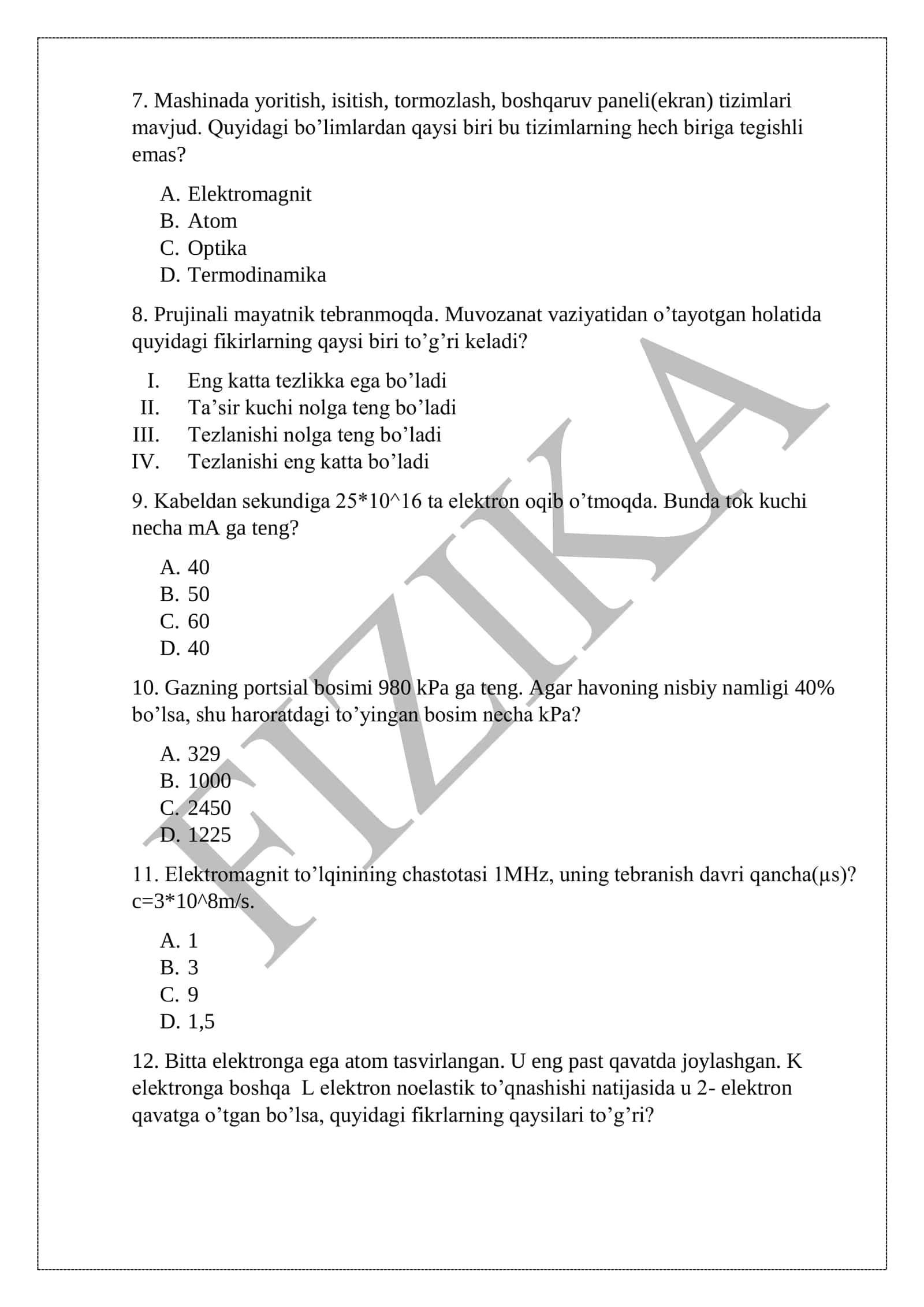 Maktabga ishga kirish uchun tushadigan Fizika test savollari 2