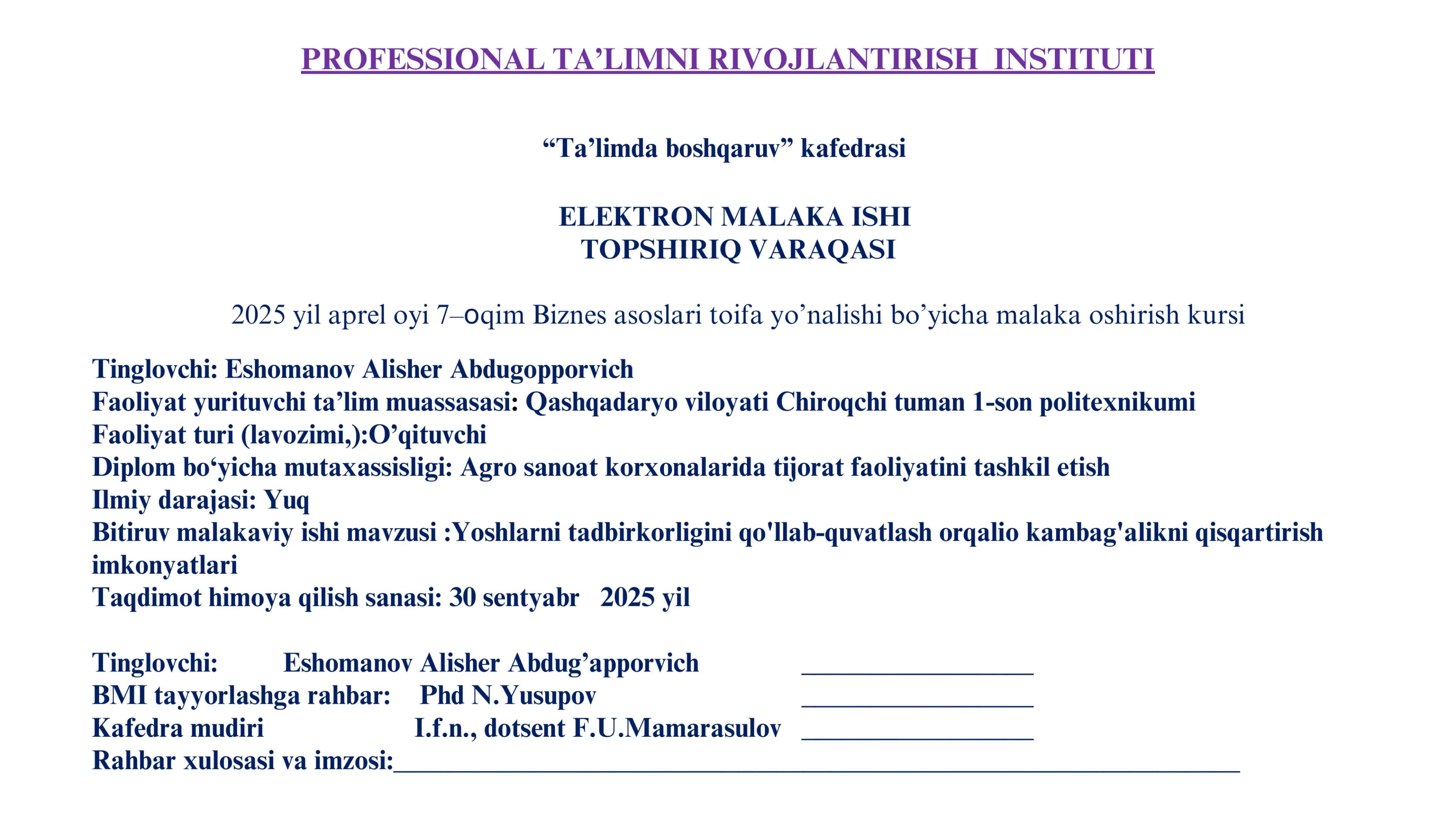 "Yoshlarni tadbirkorligini qo'llab-quvatlash orqalio kambag'alikni qisqartirish imkonyatlari" elektron malaka ishi 2