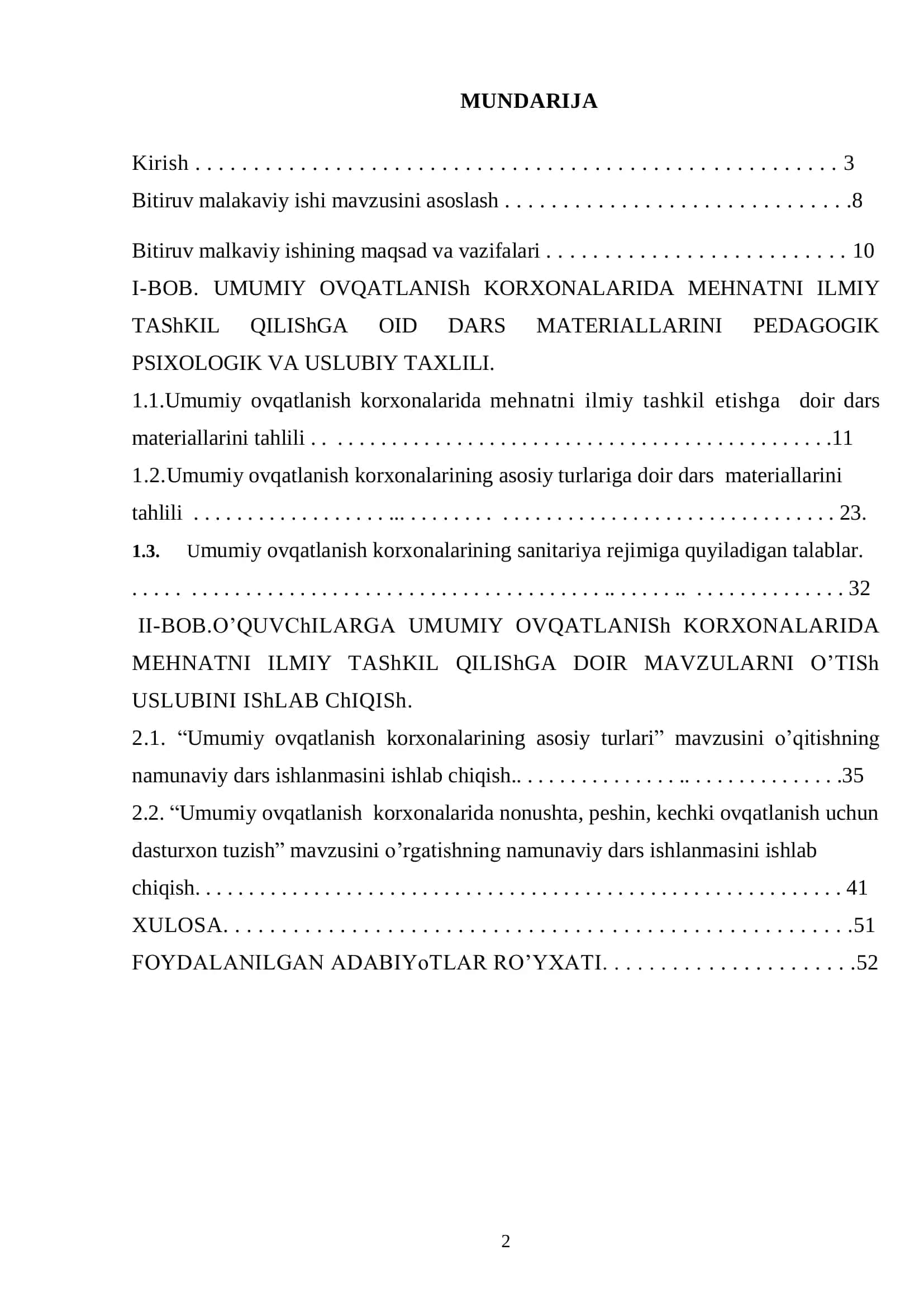 Umumiy ovqatlanish koroxanalarida mehnatni ilmiy tashkil qilish mavzusidagi mashg’ulotlarni o’tish uslubini ishlab chiqish 2