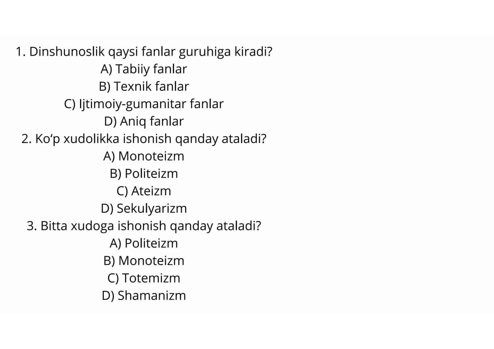 Dinshunoslik fani uchun 20 ta test 2