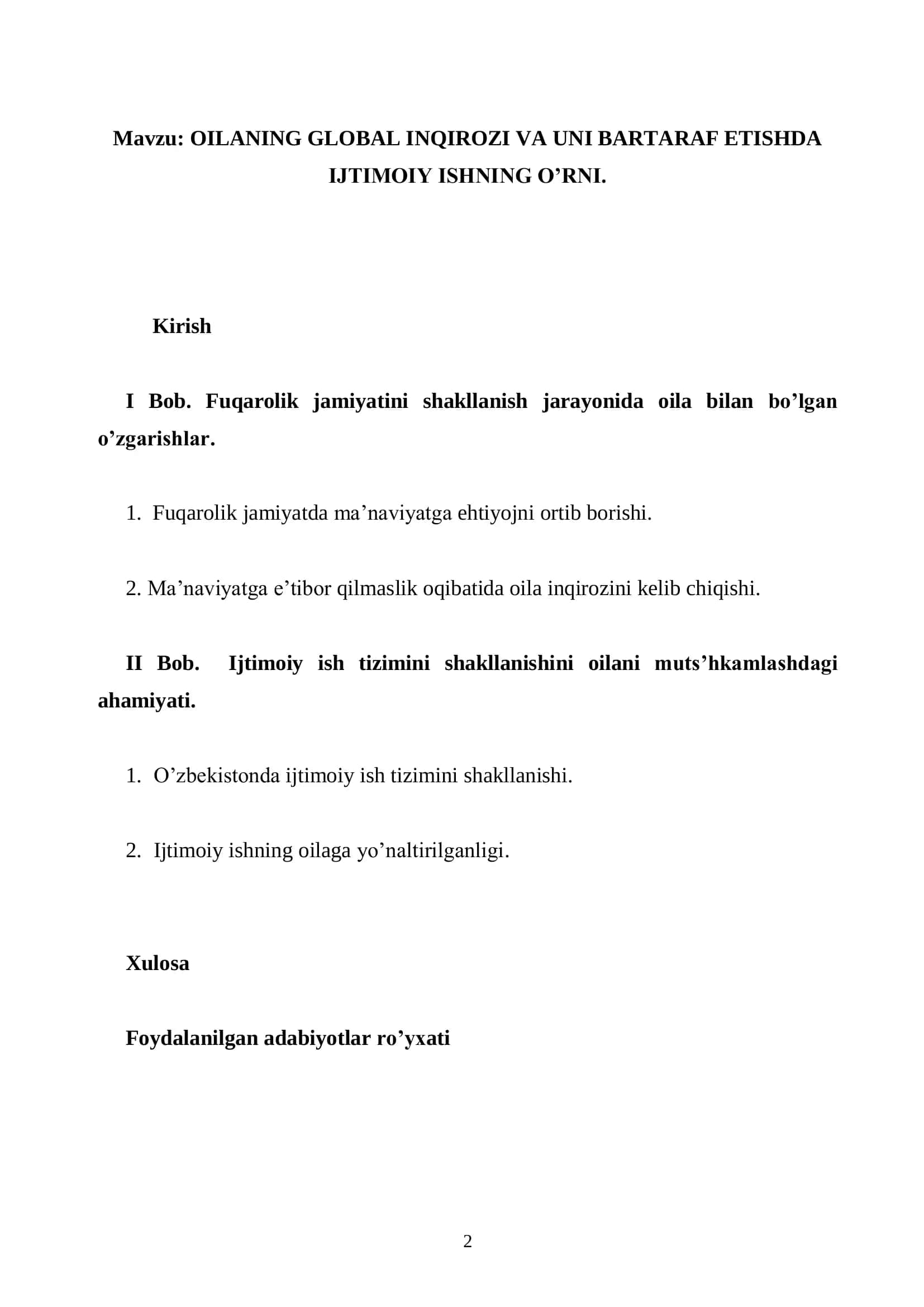 OILANING GLOBAL INQIROZI VA UNI BARTARAF ETISHDA IJTIMOIY ISHNING O’RNI 2