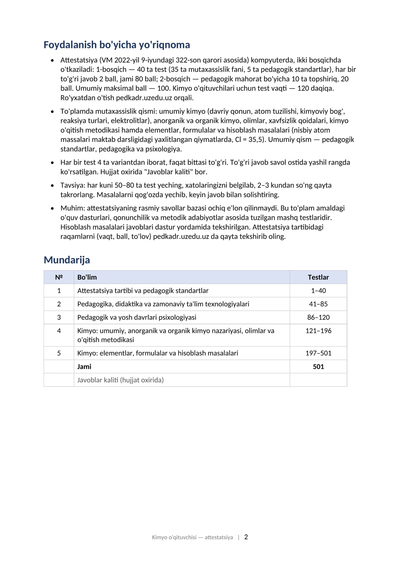 KIMYO O'QITUVCHISI (attestatsiyasi uchun test savollari to'plami) (2025–2026) 501 ta test 2