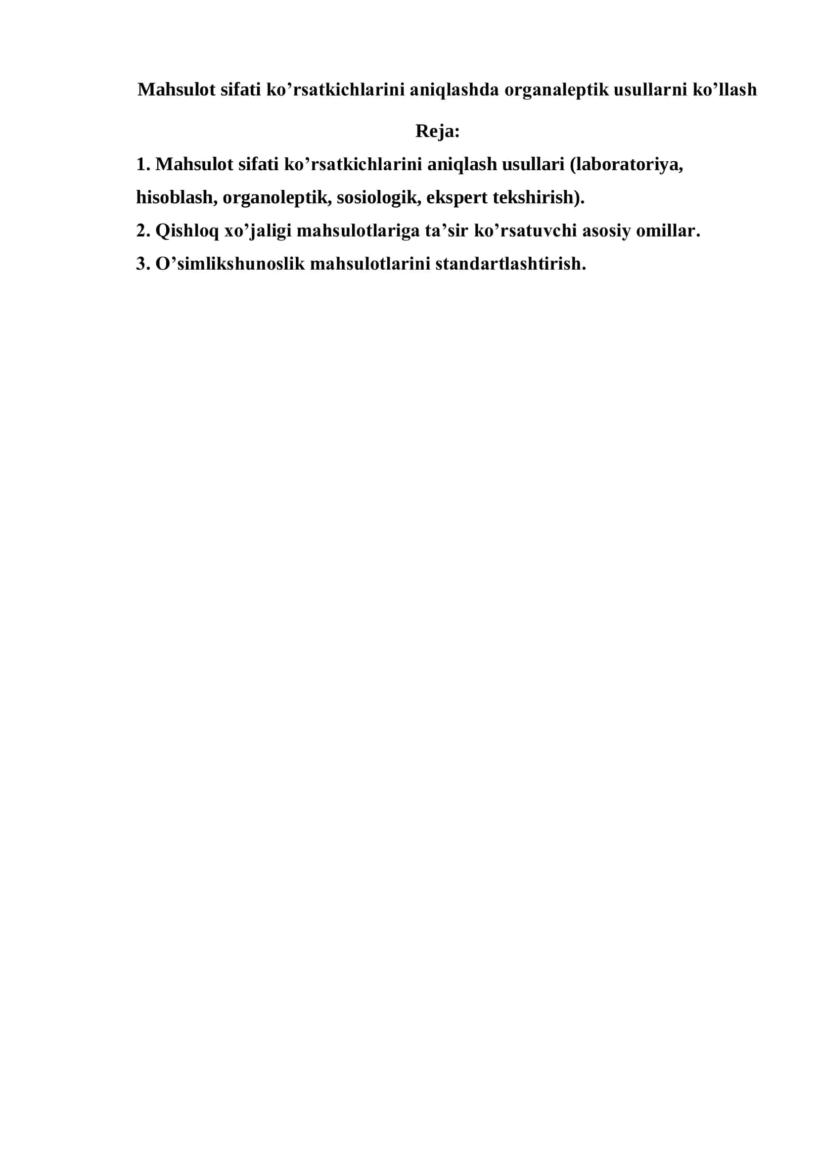 "Mahsulot sifati ko’rsatkichlarini aniqlashda organaleptik usullarni ko’llash" Referat 2