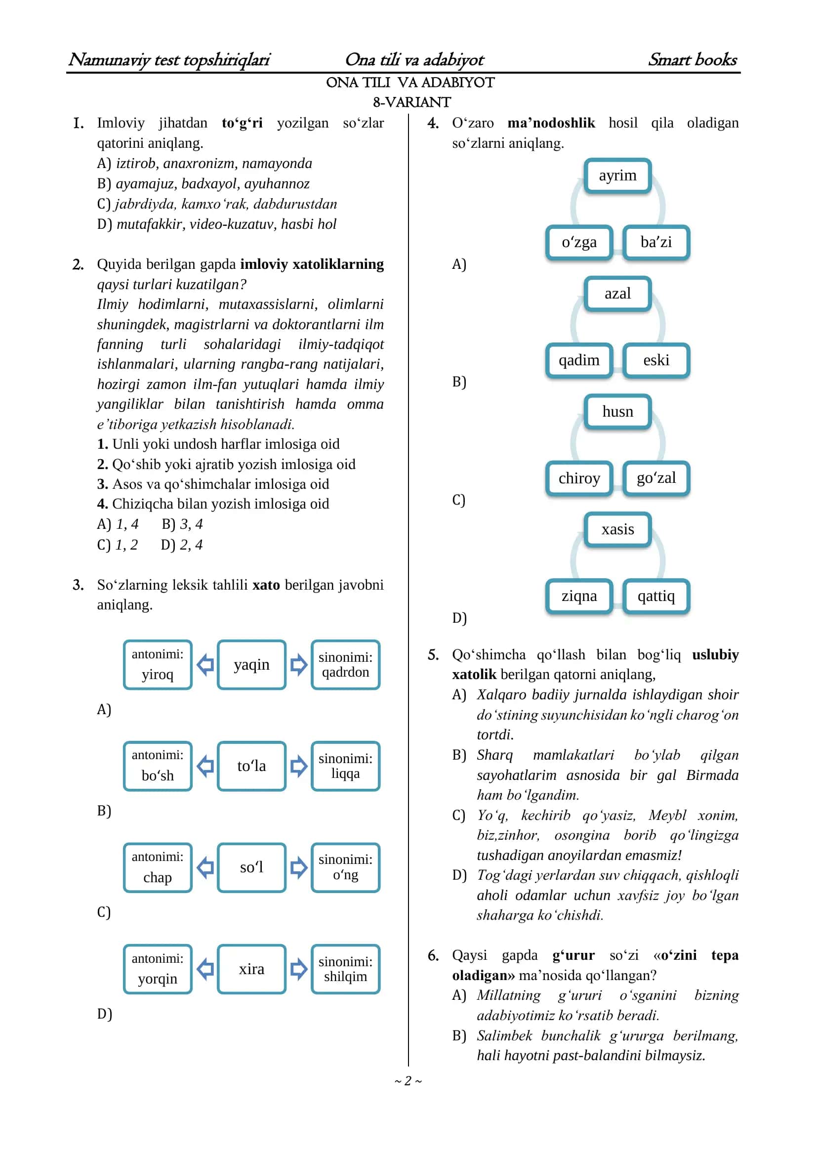 Namunaviy test topshiriqlari Ona tili va adabiyot Smart books 2