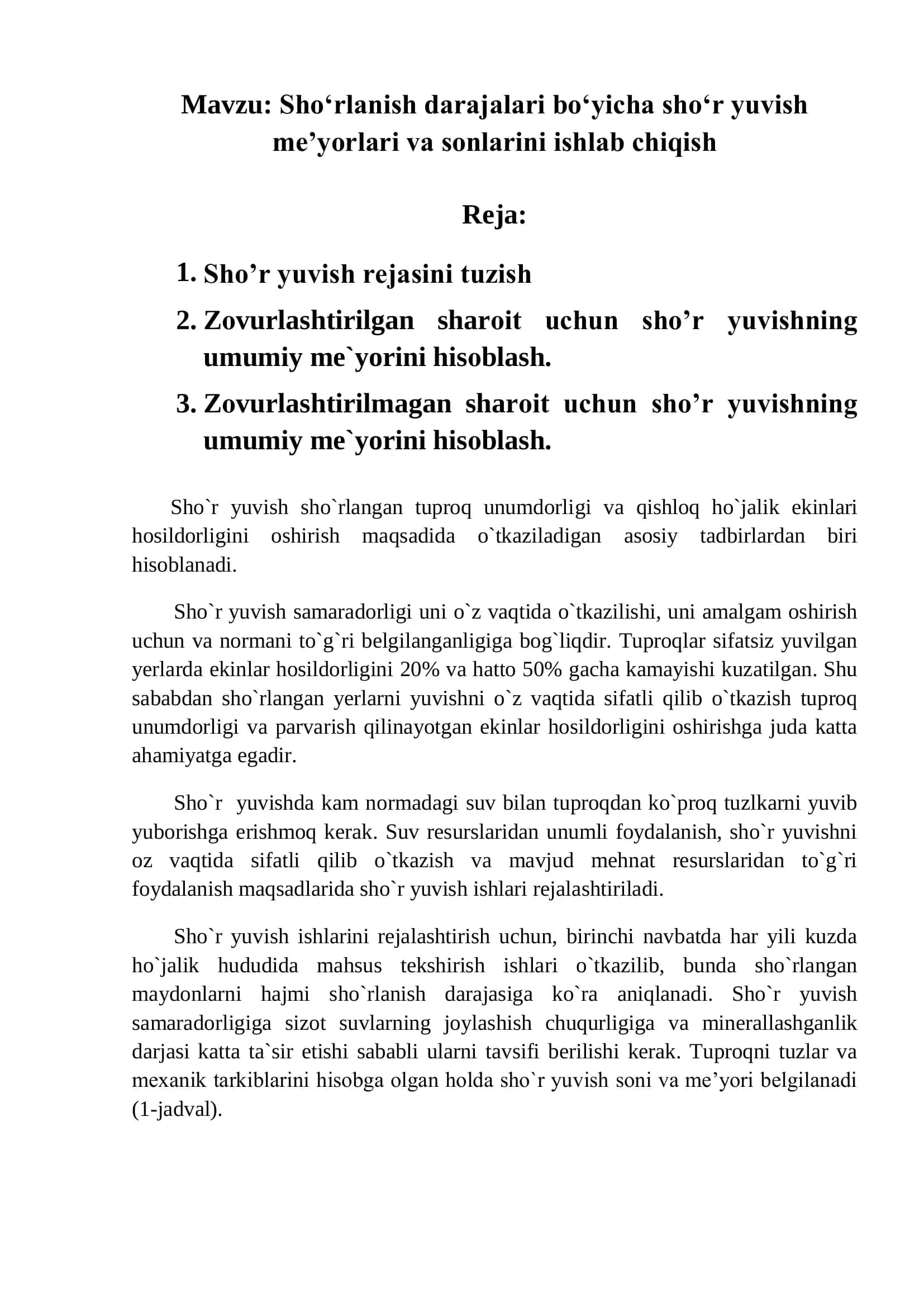 Sho‘rlanish darajalari bo‘yicha sho‘r yuvish me’yorlari va sonlarini ishlab chiqish 2