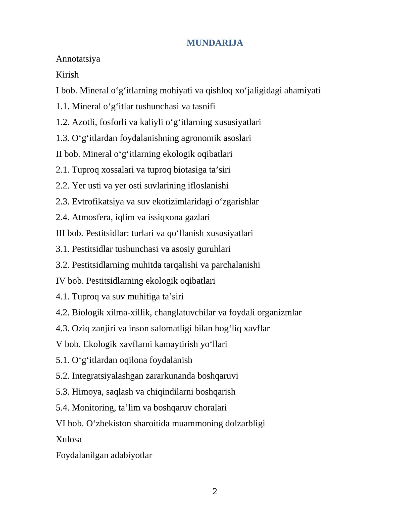 Mineral o‘g‘itlar va pestitsidlardan foydalanishning ekologik oqibatlari 2