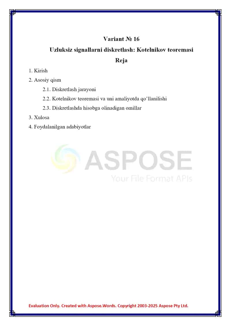 Uzluksiz signallarni diskretlash Kotelnikov teoremasi 2